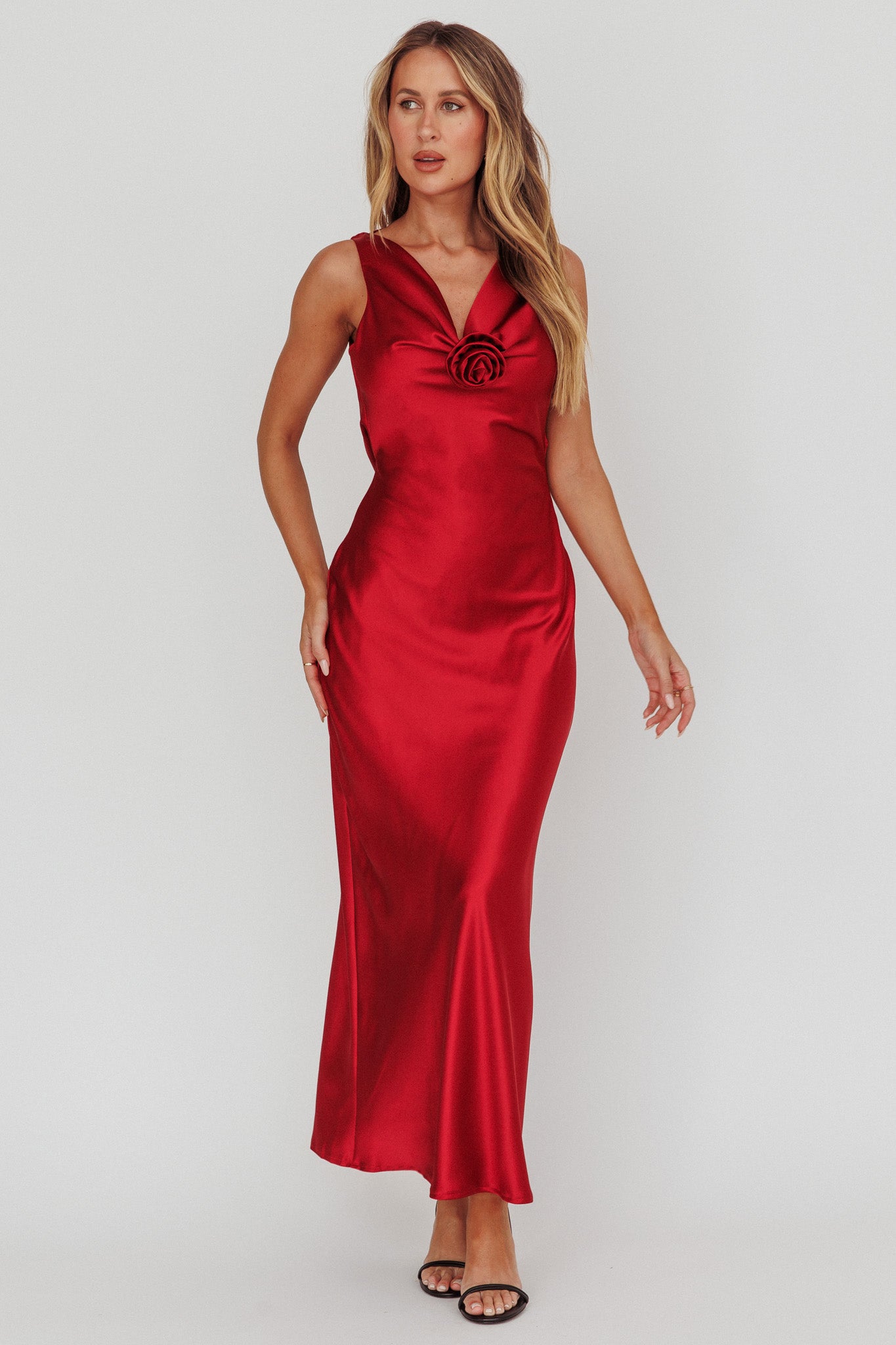 Isabella Satin Backless Maxi Dress Wine-Fable Dress