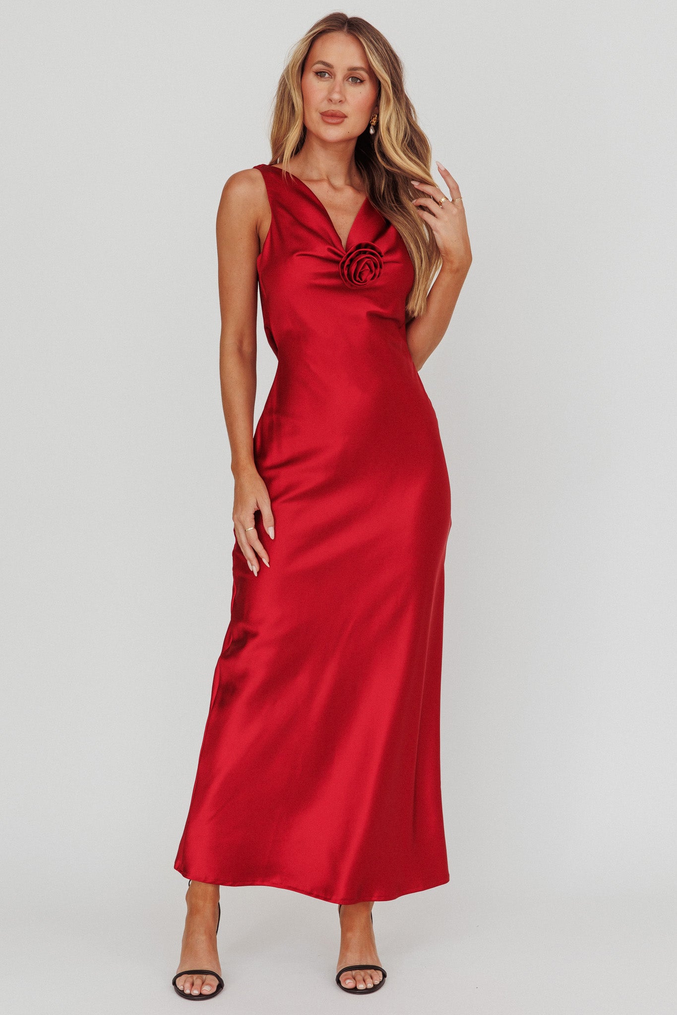 Isabella Satin Backless Maxi Dress Wine-Fable Dress