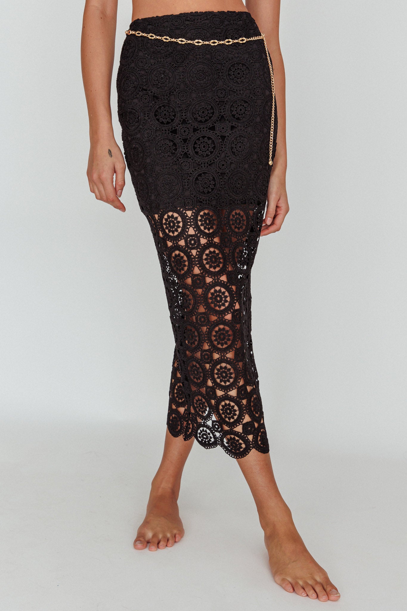 Milano Crochet Lace Midi Skirt Black-Fable Dress