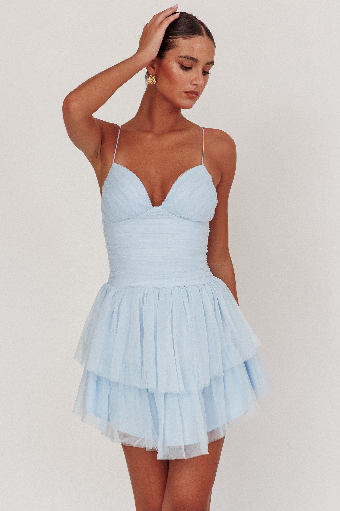 Nightingale Ruched Mesh Mini Dress Baby Blue-Fable Dress