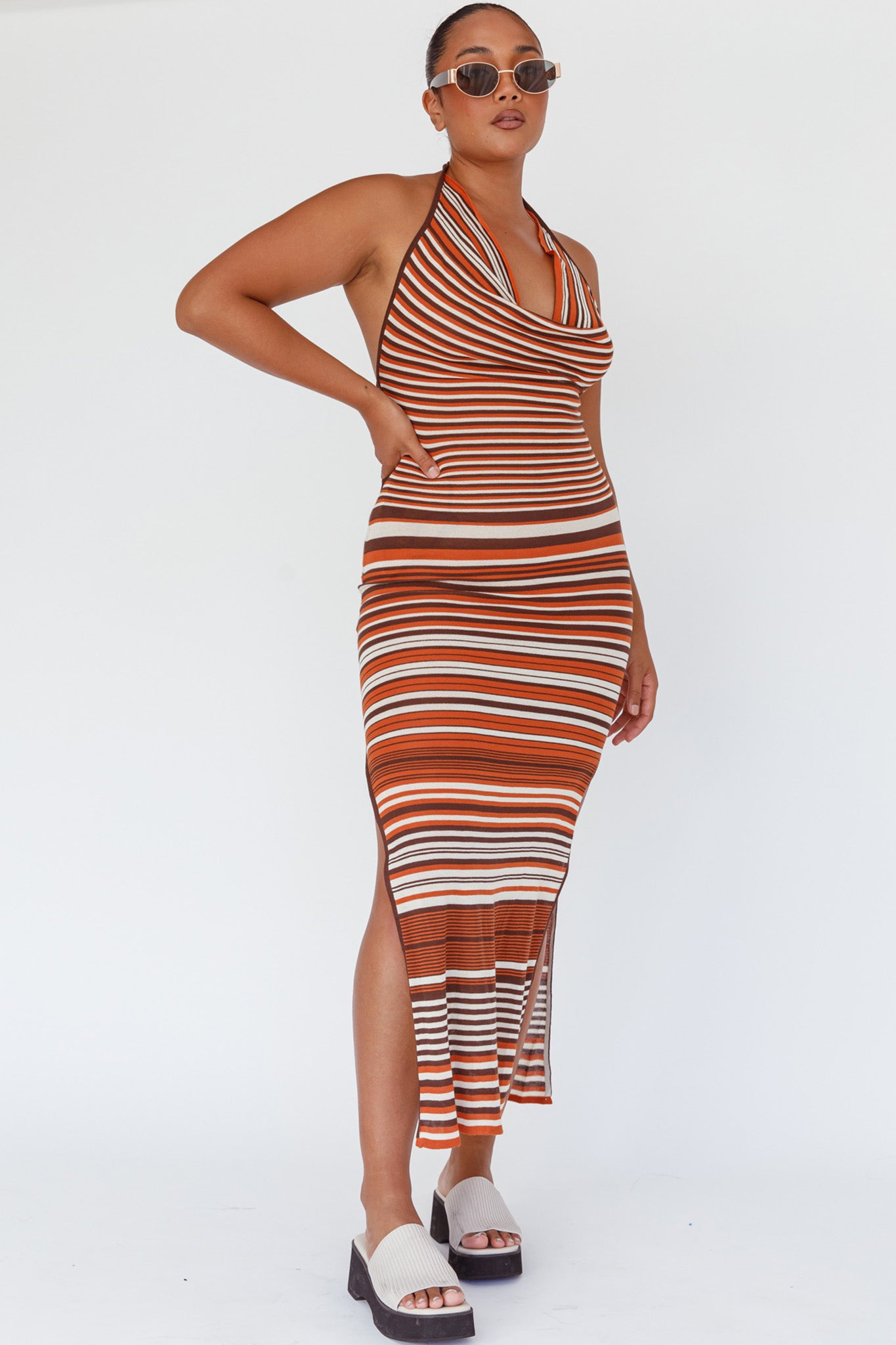 Azure Shores Knit Midi Dress Striped Tan-Fable Dress