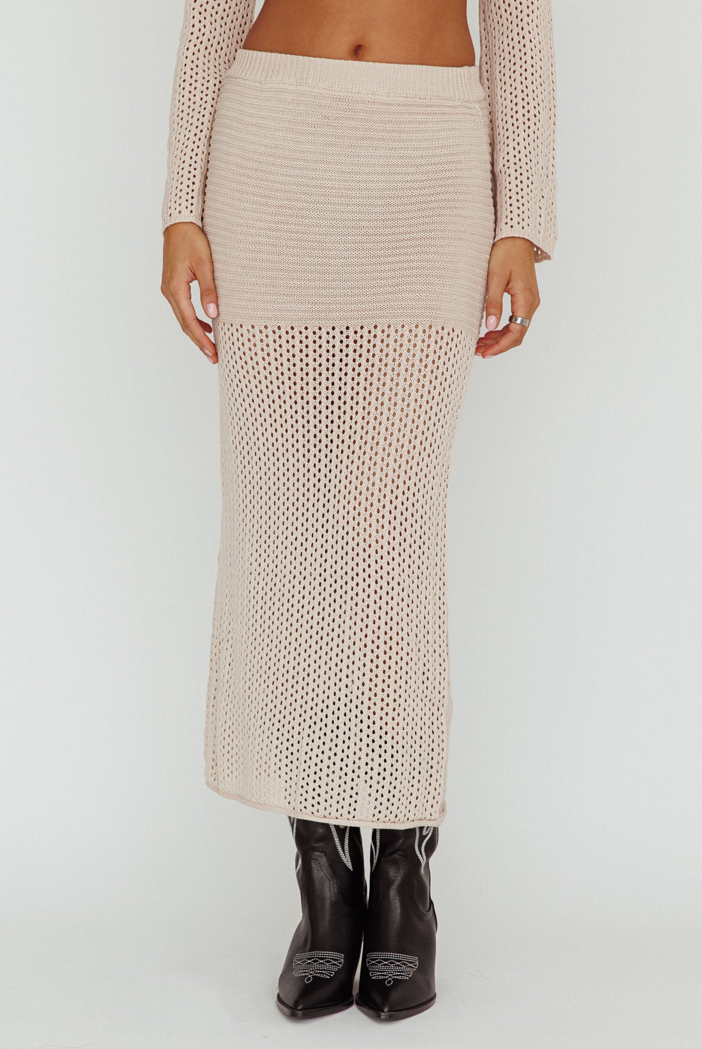 Bayside Crochet Midi Skirt Beige-Fable Dress