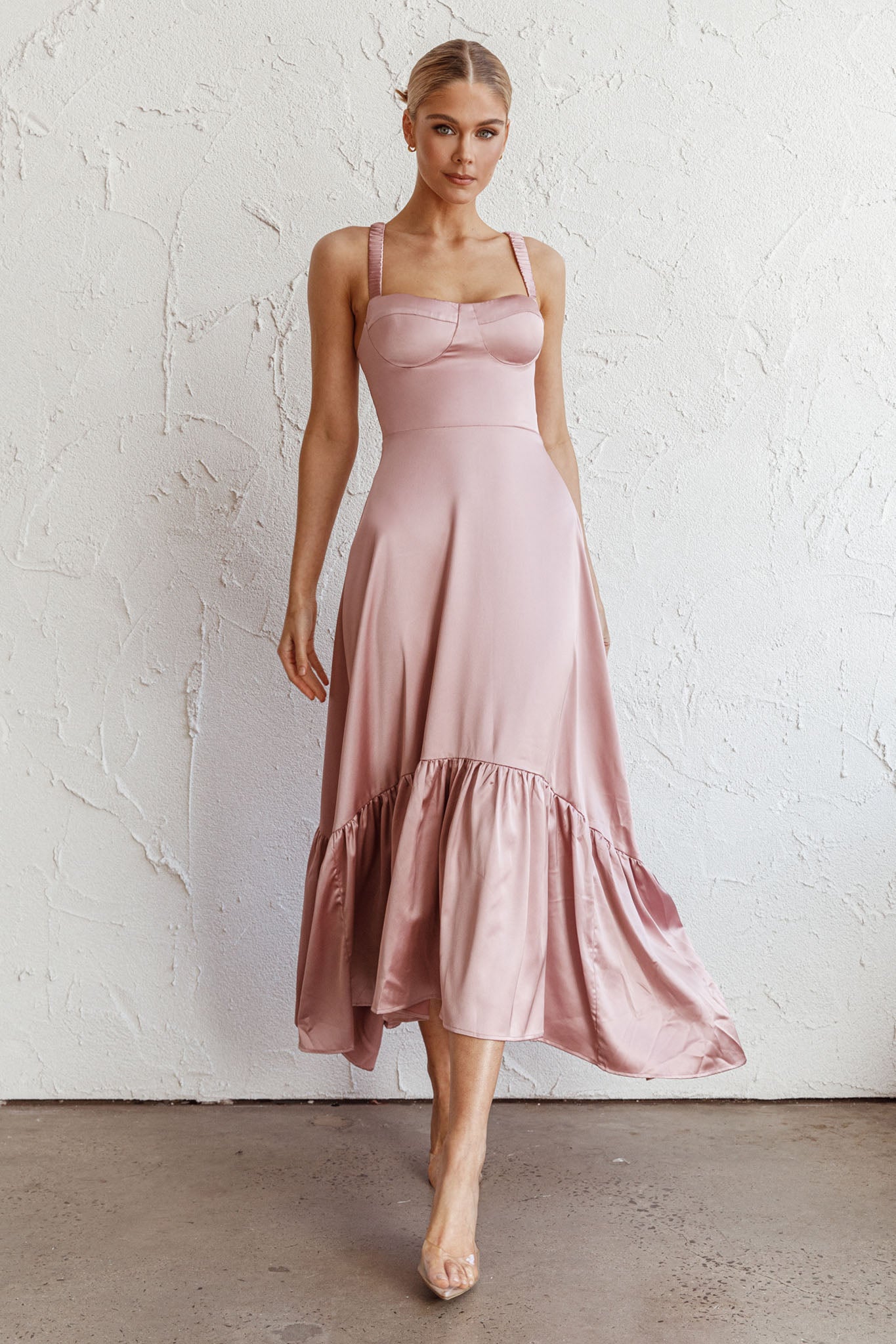 Belle De Jour Flounce Hem Midi Dress Blush-Fable Dress