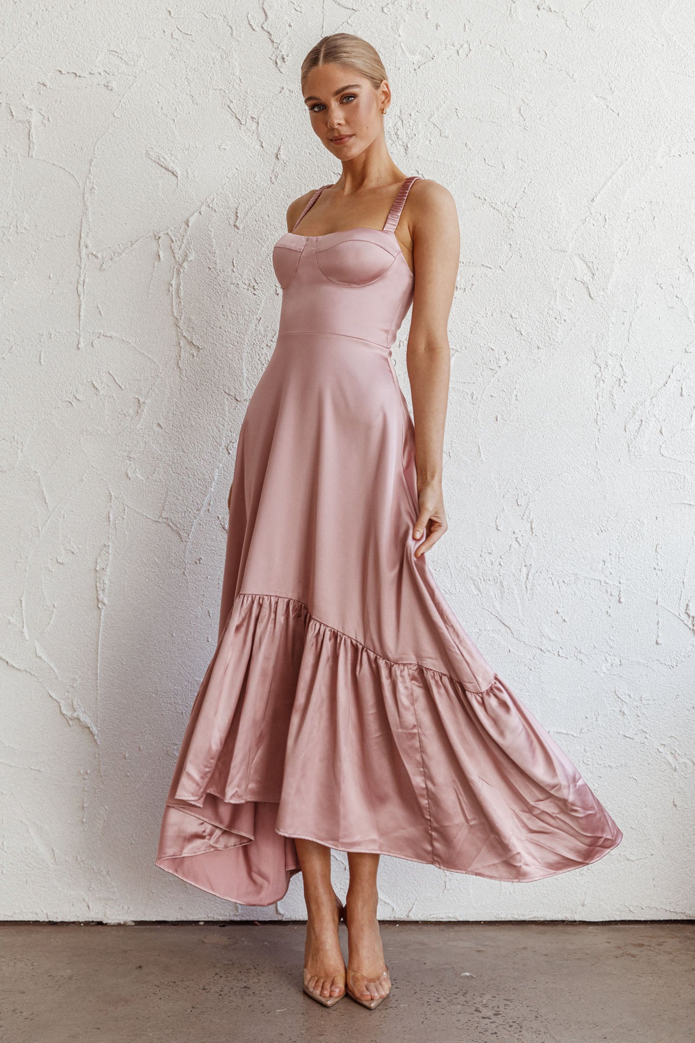 Belle De Jour Flounce Hem Midi Dress Blush-Fable Dress