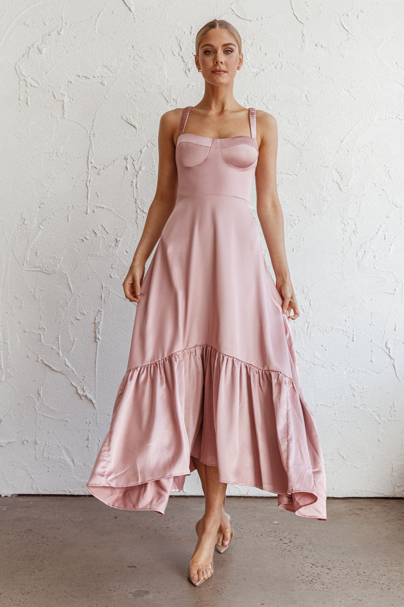 Belle De Jour Flounce Hem Midi Dress Blush-Fable Dress