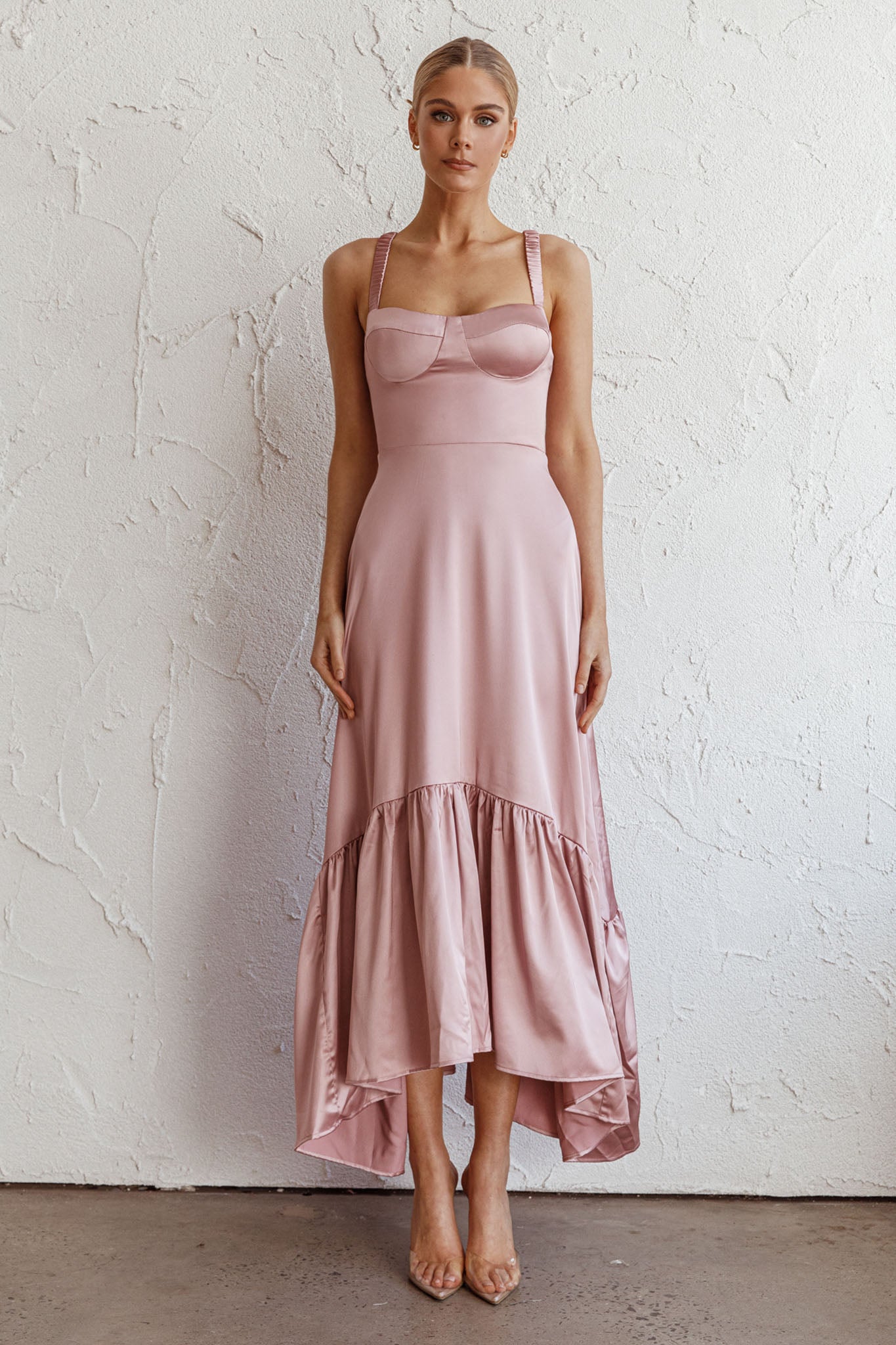 Belle De Jour Flounce Hem Midi Dress Blush-Fable Dress