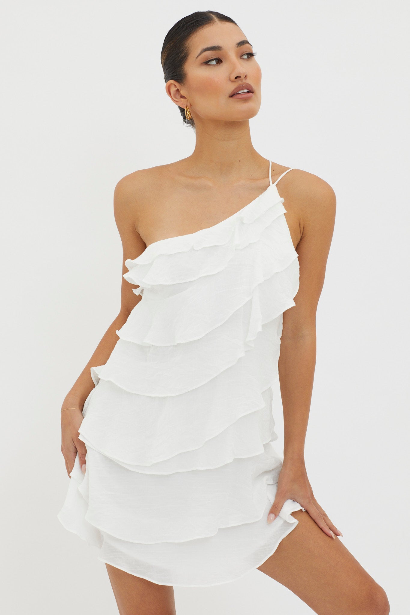 Arrabel Tiered Ruffle Mini Dress White-Fable Dress
