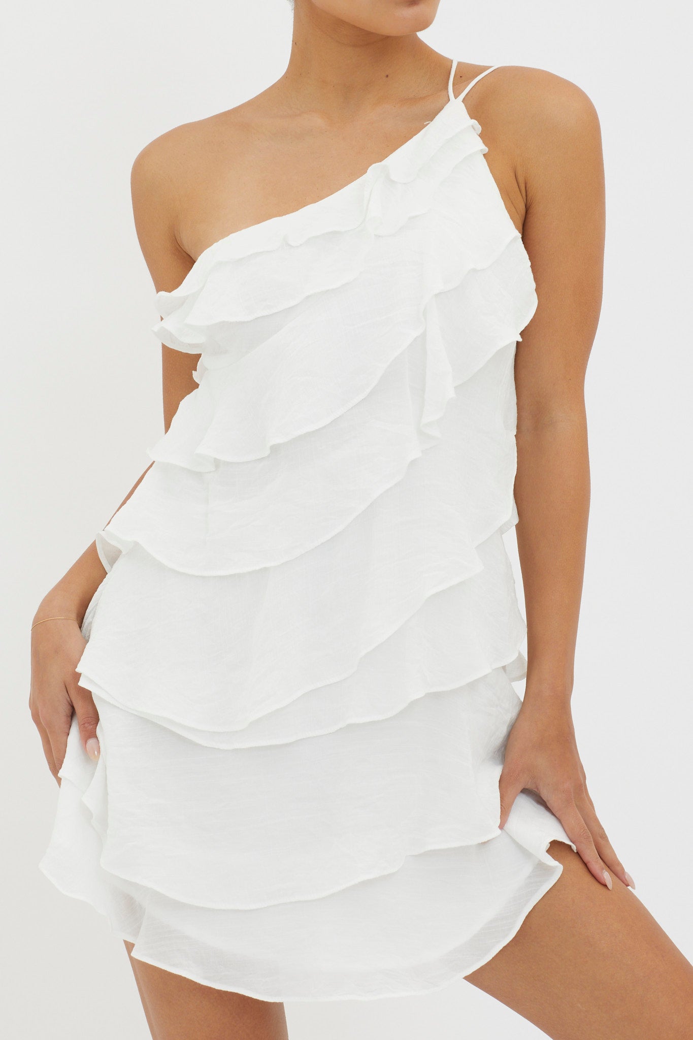 Arrabel Tiered Ruffle Mini Dress White-Fable Dress