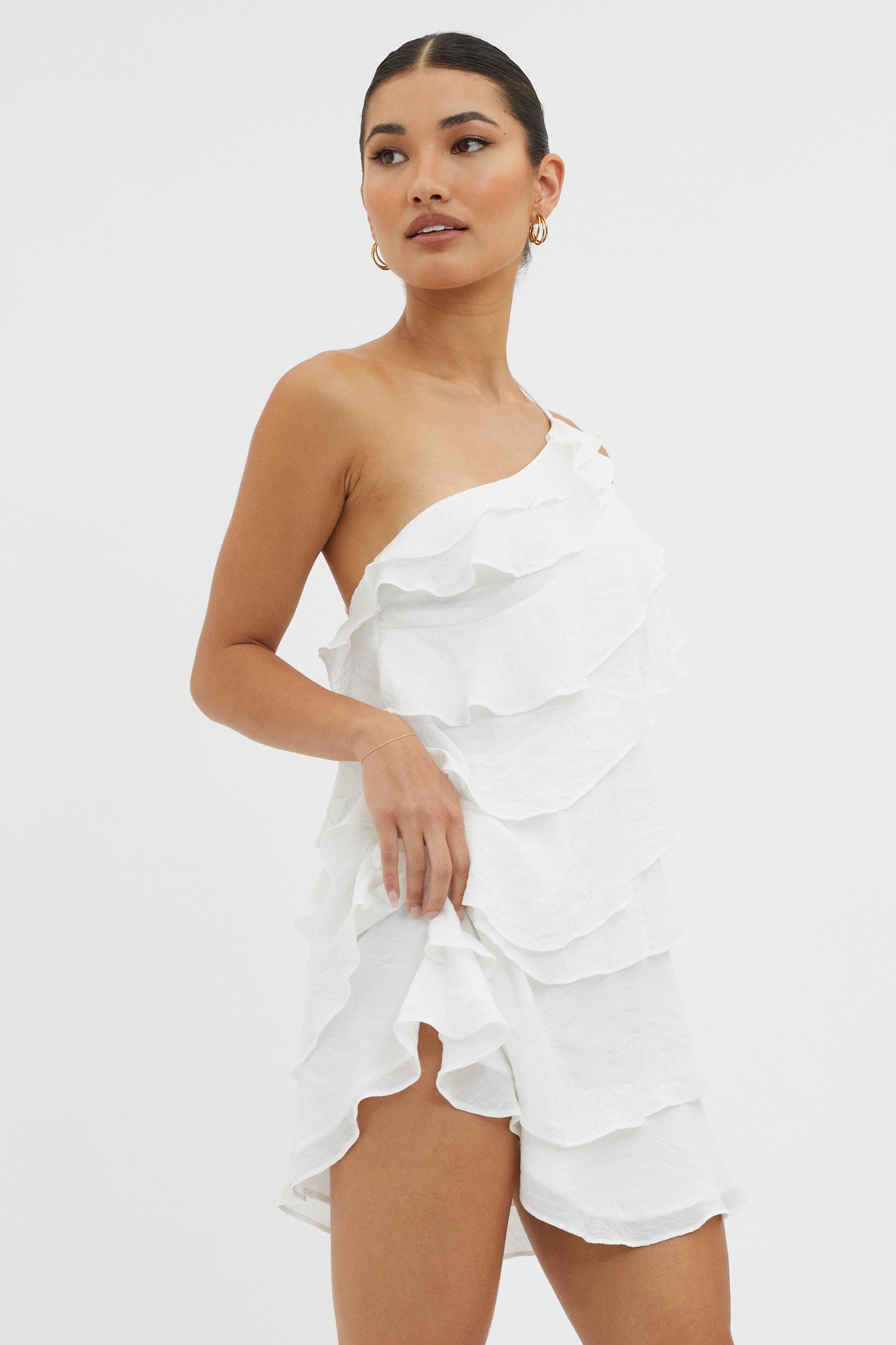 Arrabel Tiered Ruffle Mini Dress White-Fable Dress