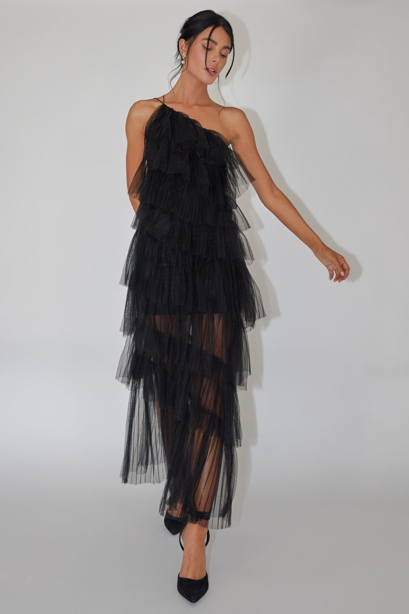 Arrabel Tiered Ruffle Tulle Maxi Dress Black-Fable Dress