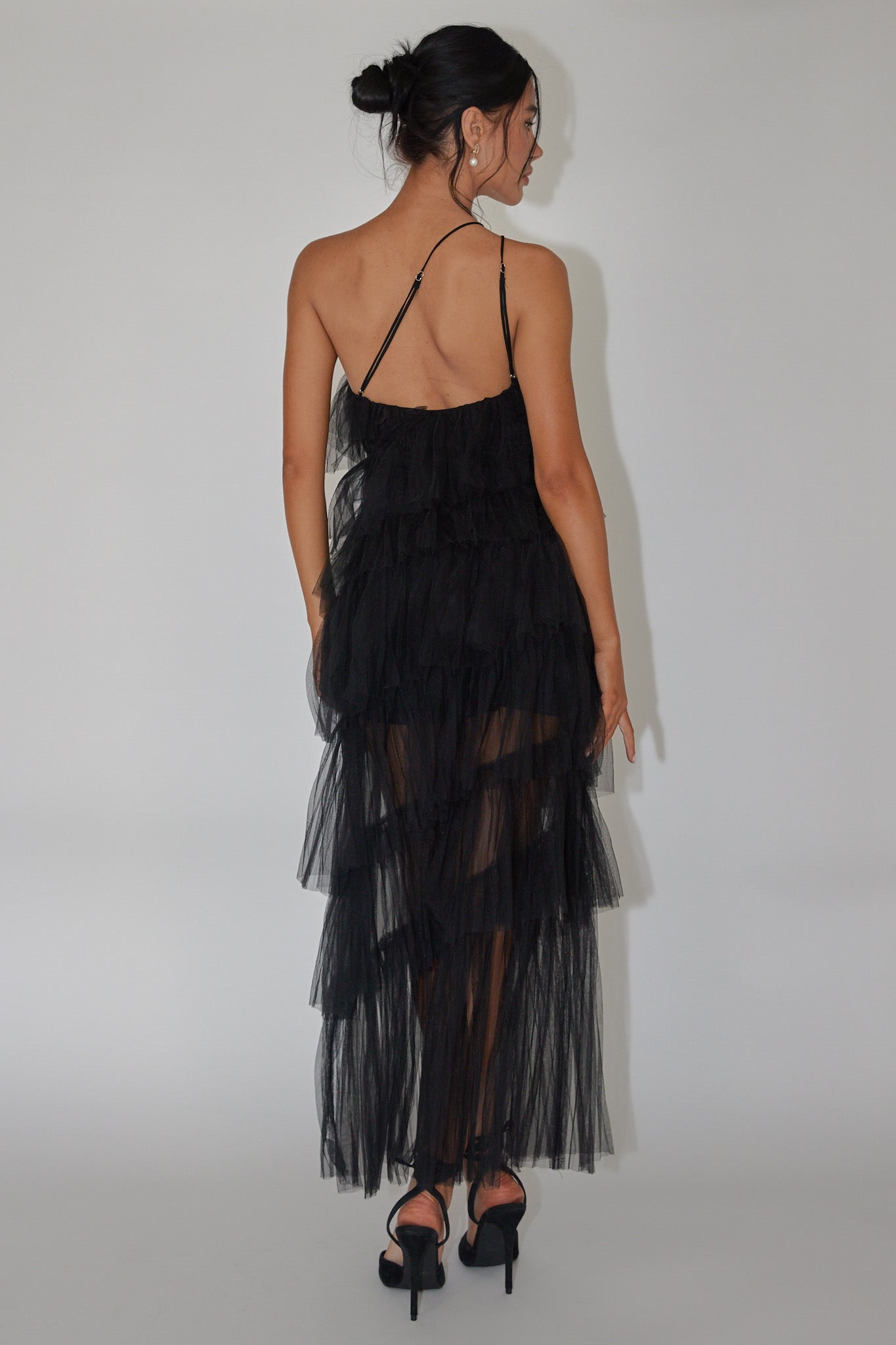 Arrabel Tiered Ruffle Tulle Maxi Dress Black-Fable Dress