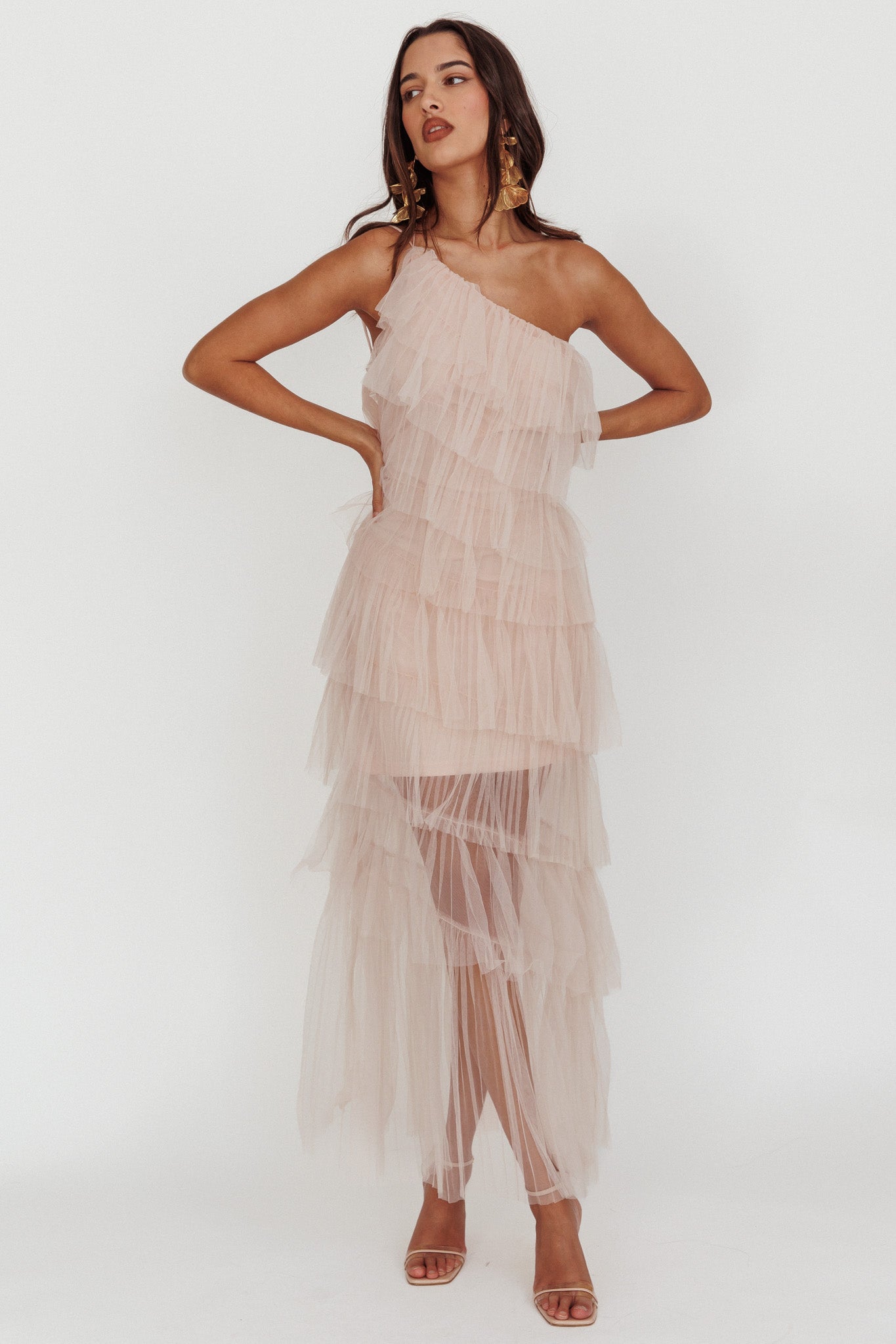 Arrabel Tiered Ruffle Tulle Maxi Dress Blush-Fable Dress