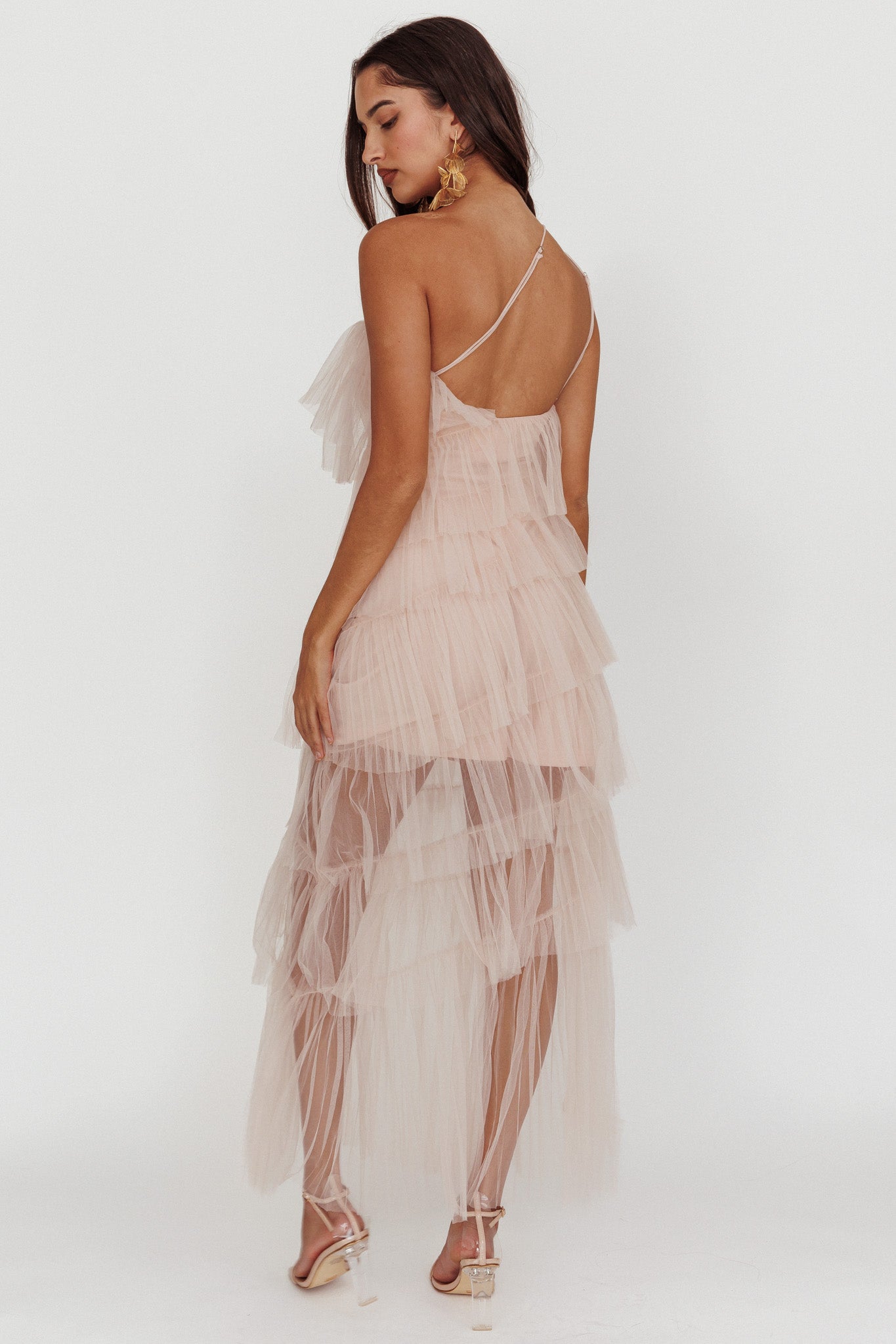 Arrabel Tiered Ruffle Tulle Maxi Dress Blush-Fable Dress
