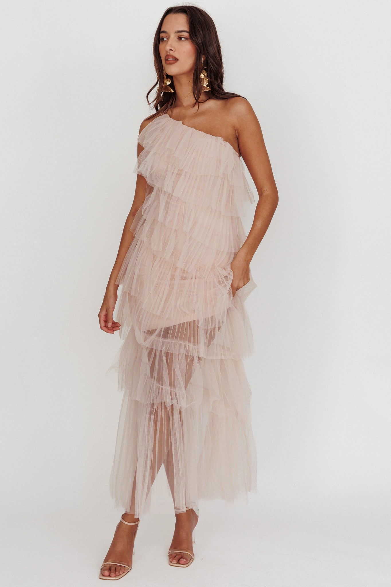 Arrabel Tiered Ruffle Tulle Maxi Dress Blush-Fable Dress
