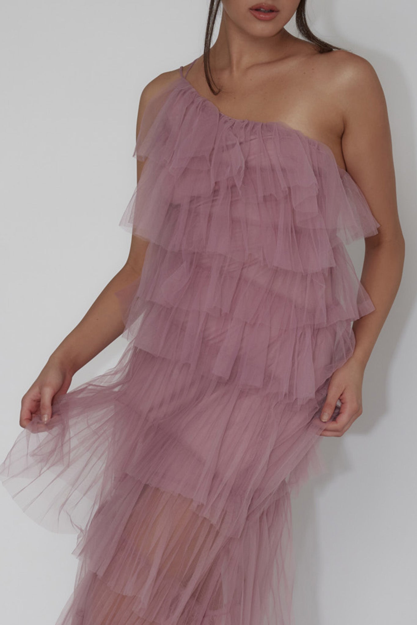 Arrabel Tiered Ruffle Tulle Maxi Dress Plum-Fable Dress