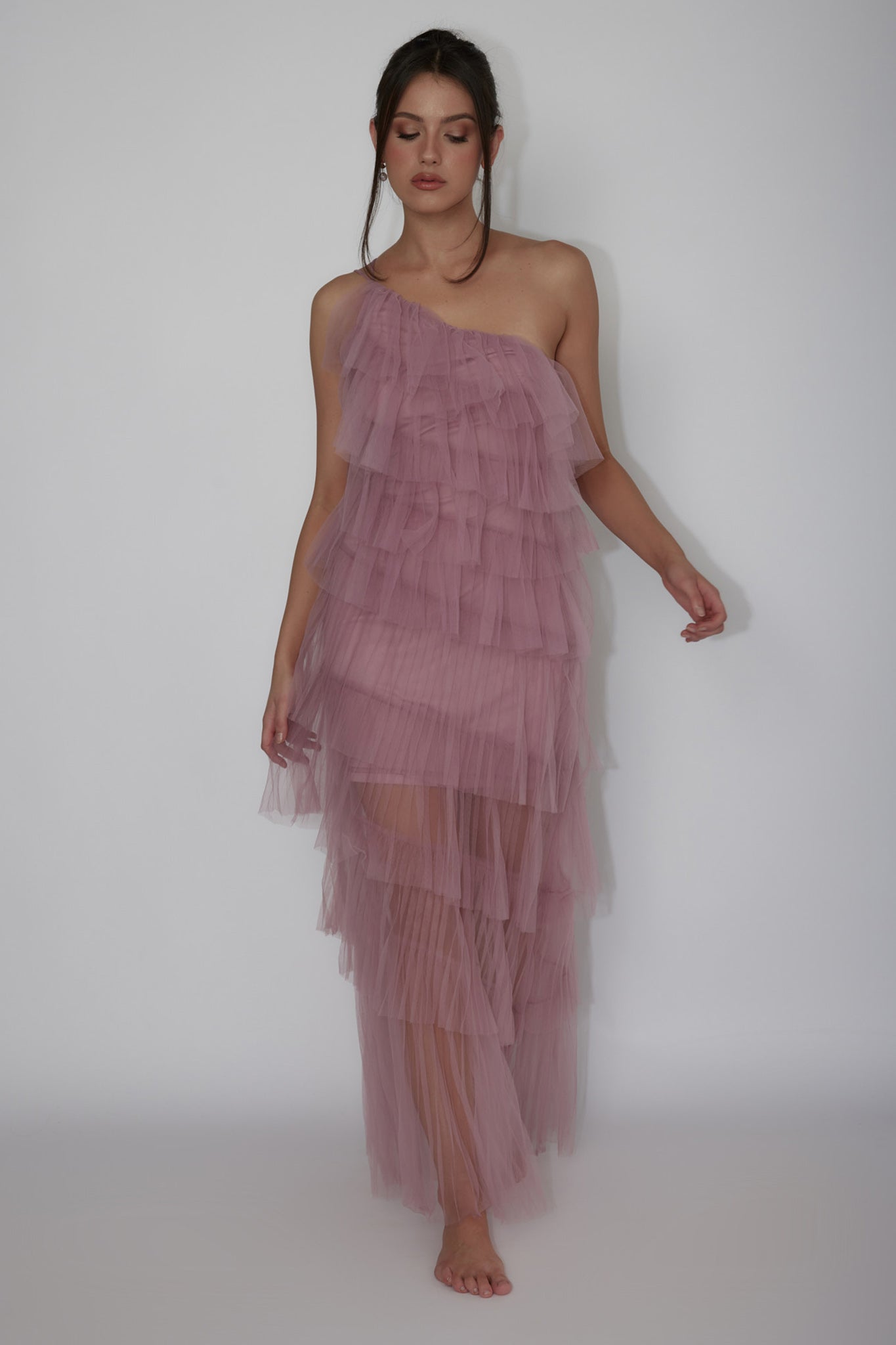 Arrabel Tiered Ruffle Tulle Maxi Dress Plum-Fable Dress