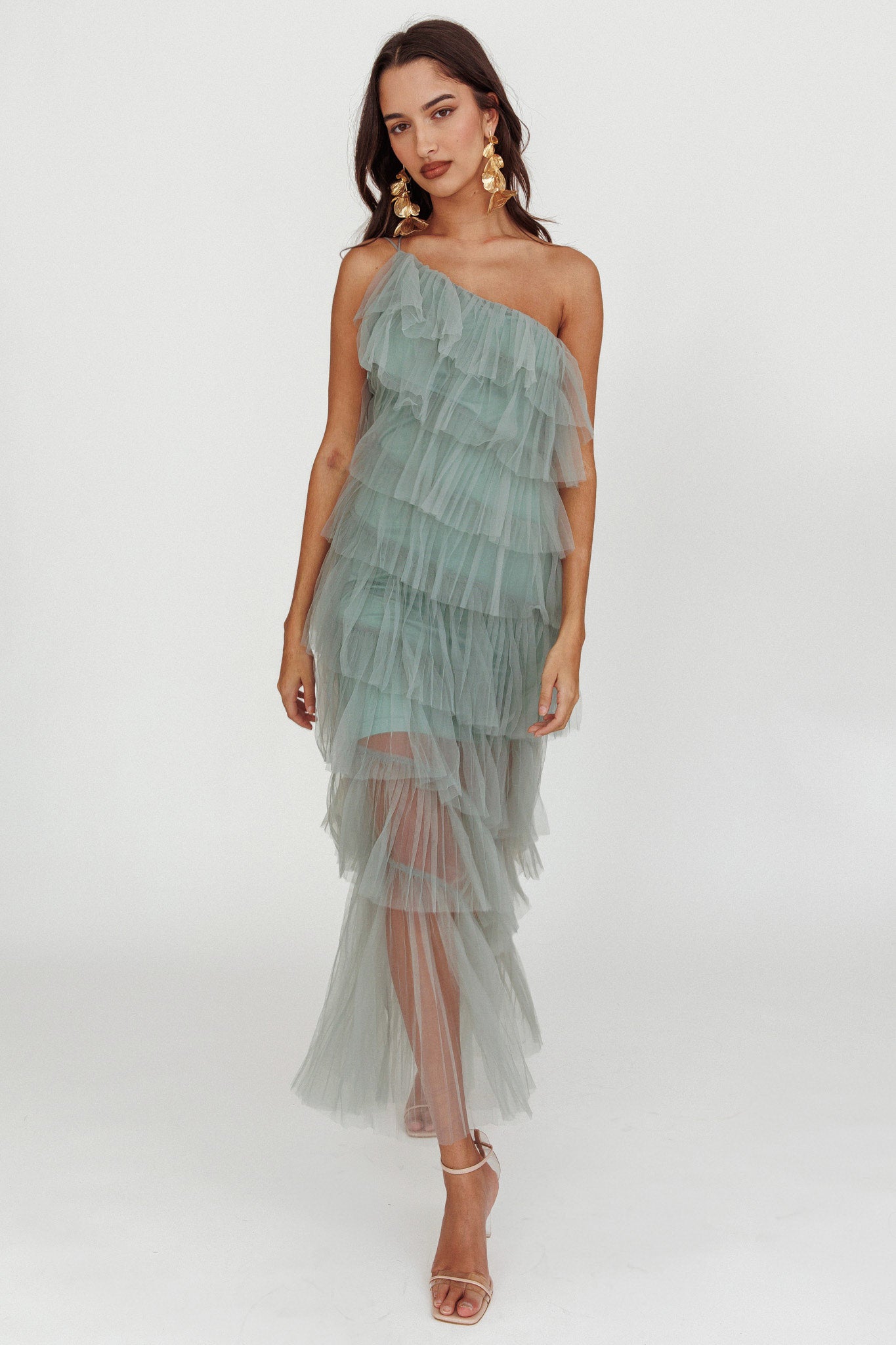 Arrabel Tiered Ruffle Tulle Maxi Dress Sage-Fable Dress
