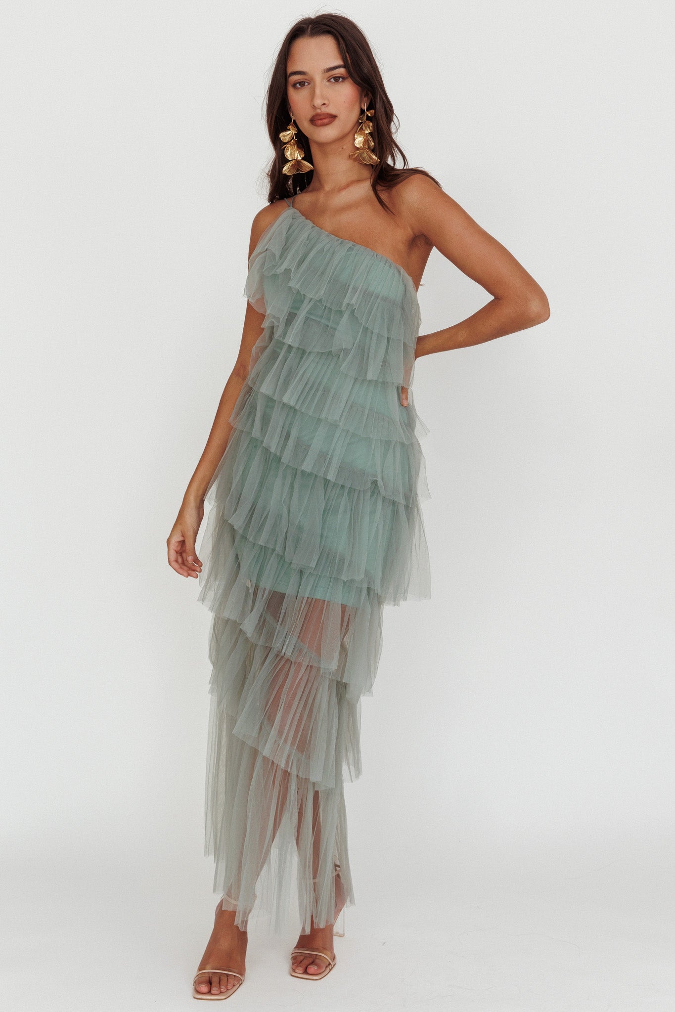 Arrabel Tiered Ruffle Tulle Maxi Dress Sage-Fable Dress