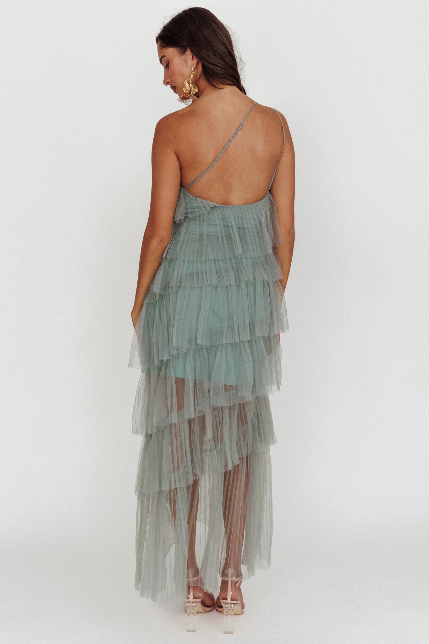 Arrabel Tiered Ruffle Tulle Maxi Dress Sage-Fable Dress