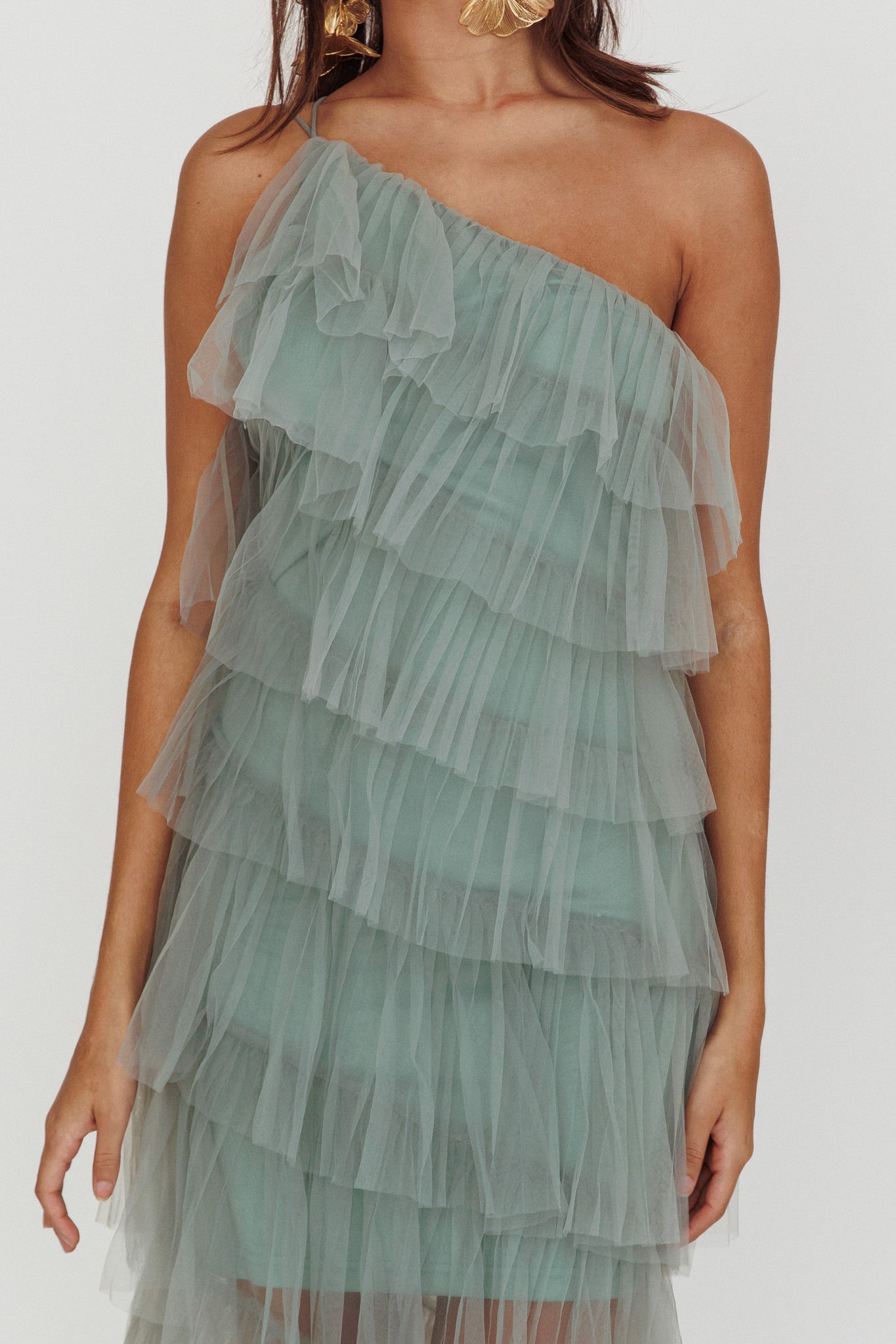 Arrabel Tiered Ruffle Tulle Maxi Dress Sage-Fable Dress