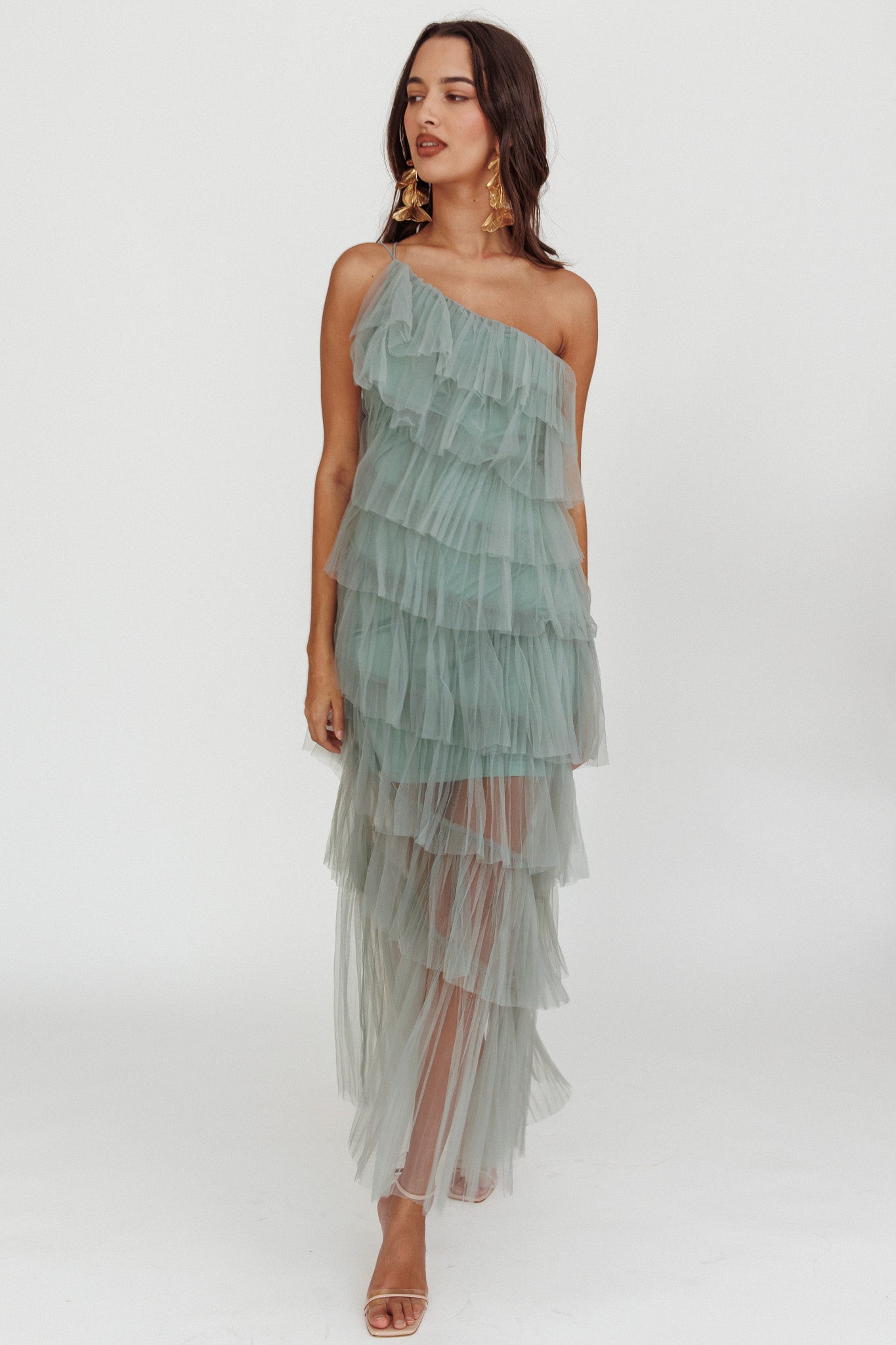 Arrabel Tiered Ruffle Tulle Maxi Dress Sage-Fable Dress