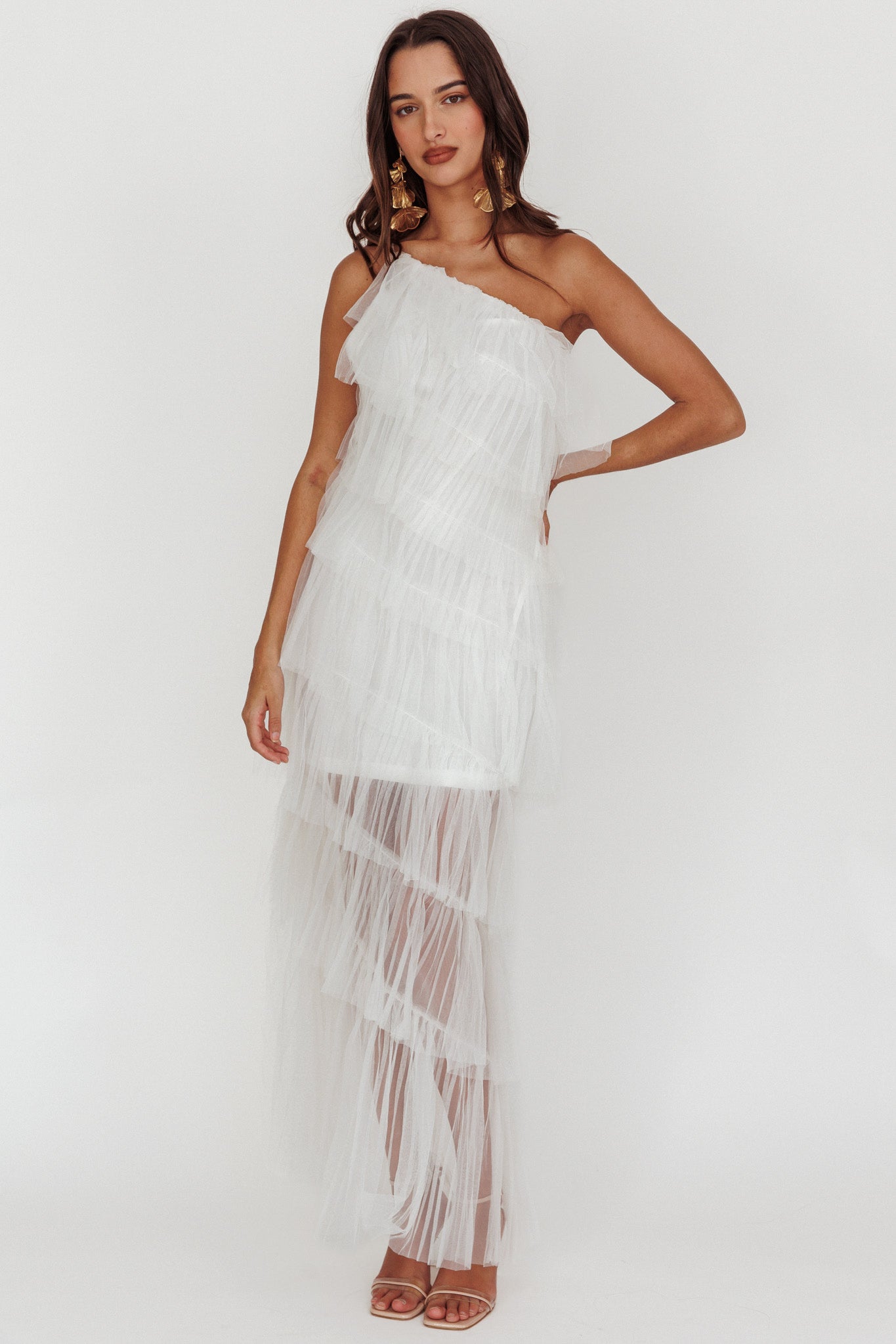 Arrabel Tiered Ruffle Tulle Maxi Dress White-Fable Dress