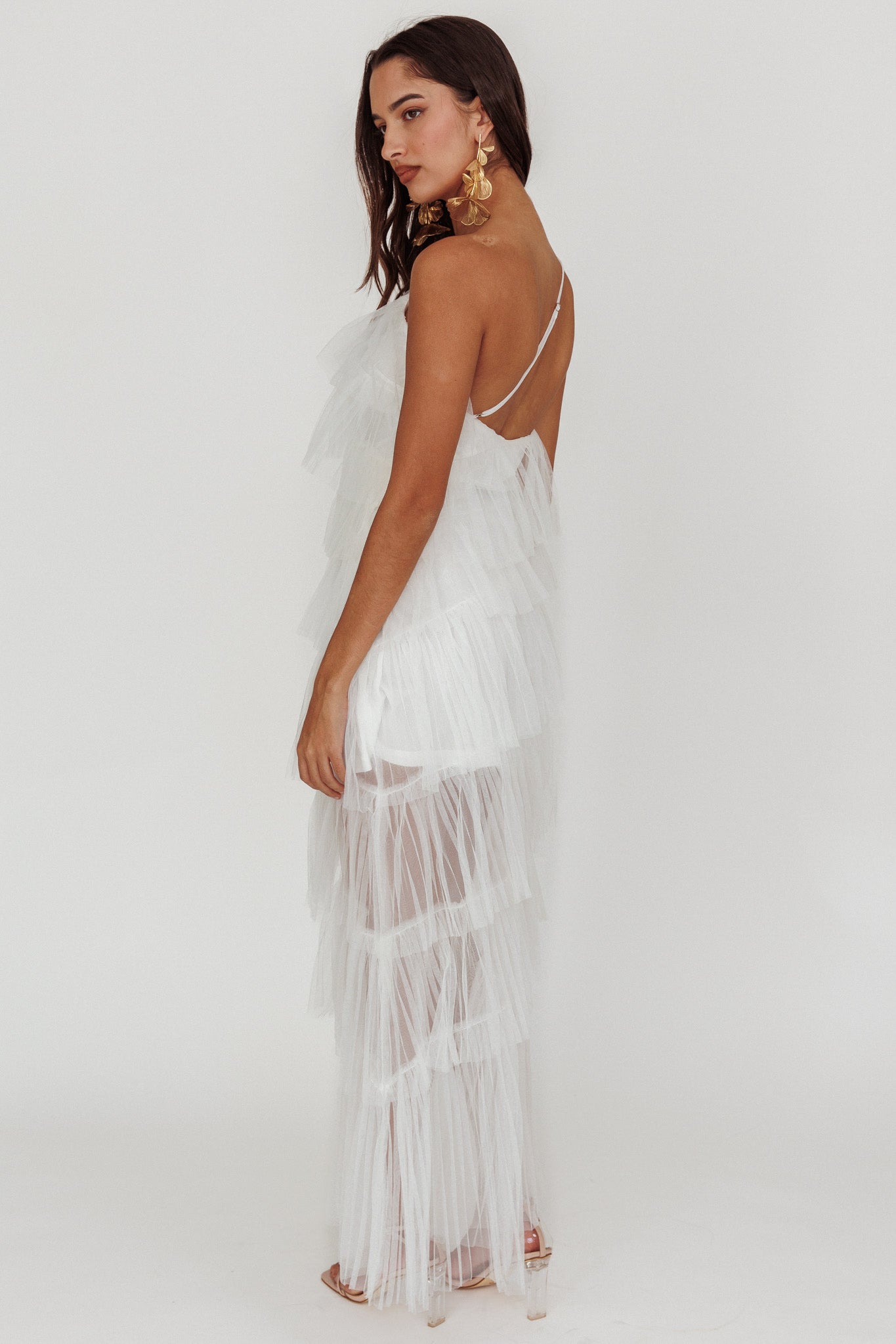 Arrabel Tiered Ruffle Tulle Maxi Dress White-Fable Dress