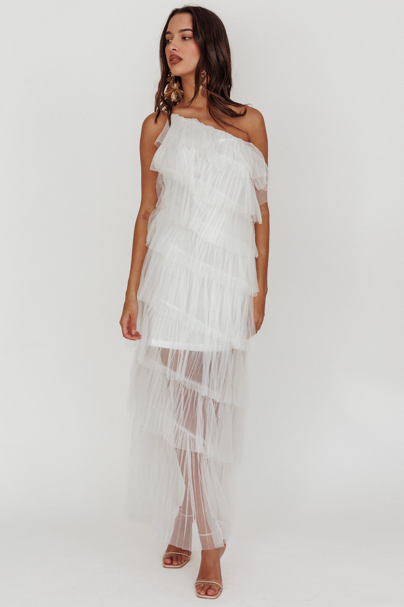 Arrabel Tiered Ruffle Tulle Maxi Dress White-Fable Dress