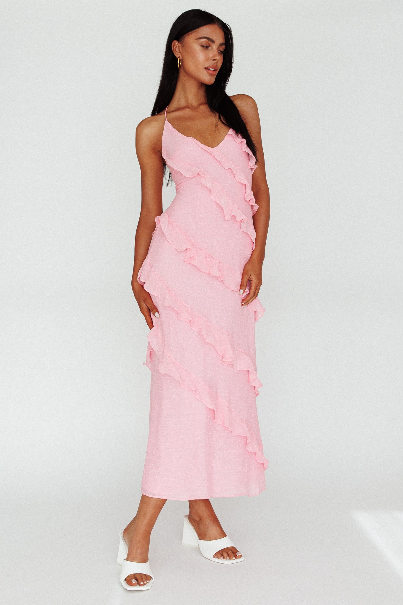 Arrabel Halterneck Ruffle Maxi Dress Pink-Fable Dress