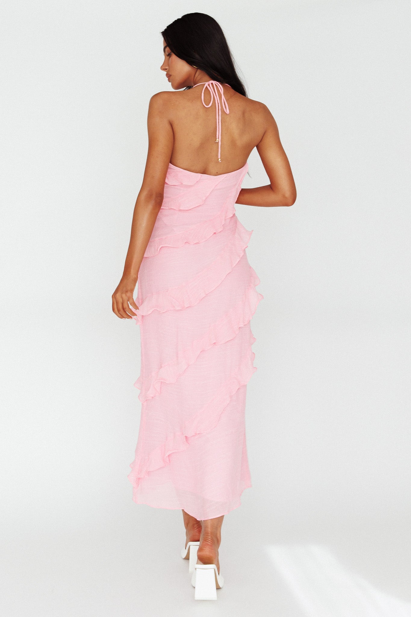 Arrabel Halterneck Ruffle Maxi Dress Pink-Fable Dress