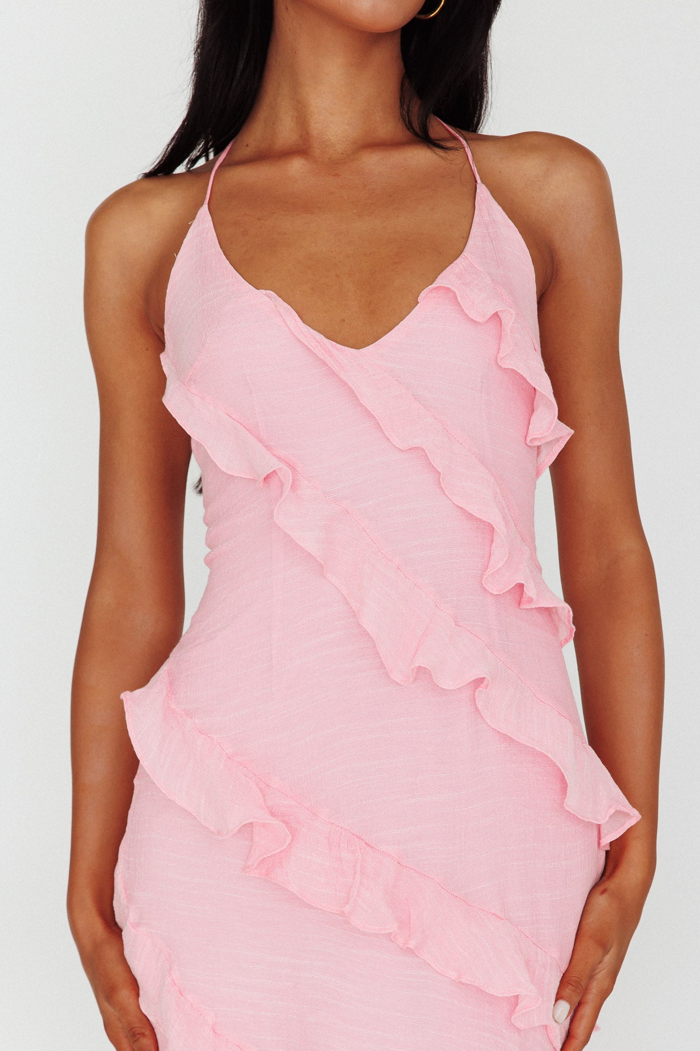 Arrabel Halterneck Ruffle Maxi Dress Pink-Fable Dress