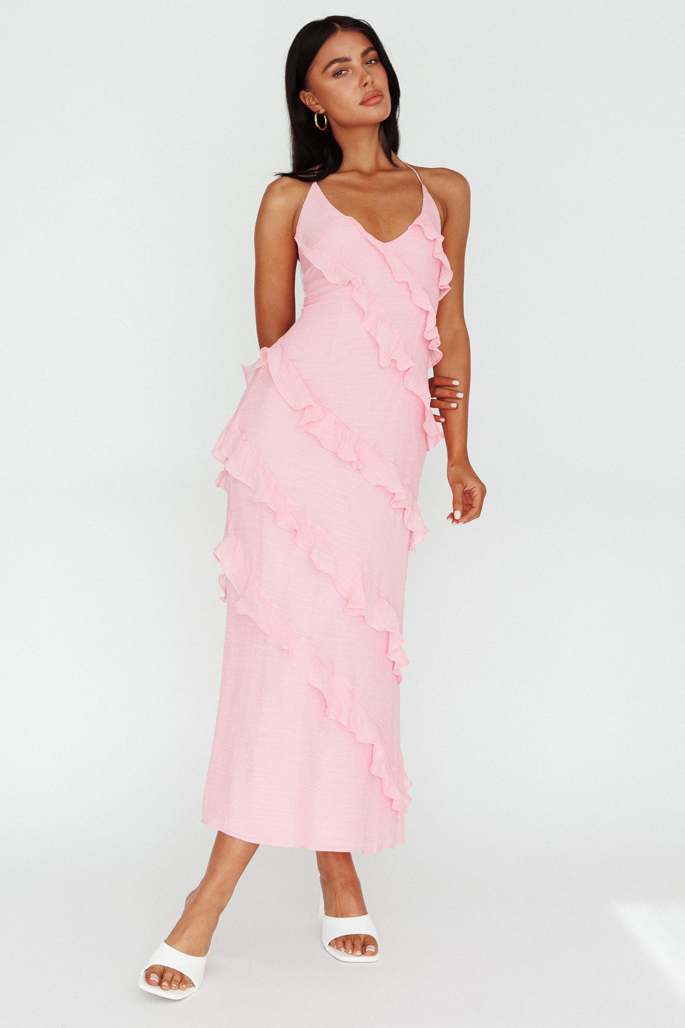 Arrabel Halterneck Ruffle Maxi Dress Pink-Fable Dress