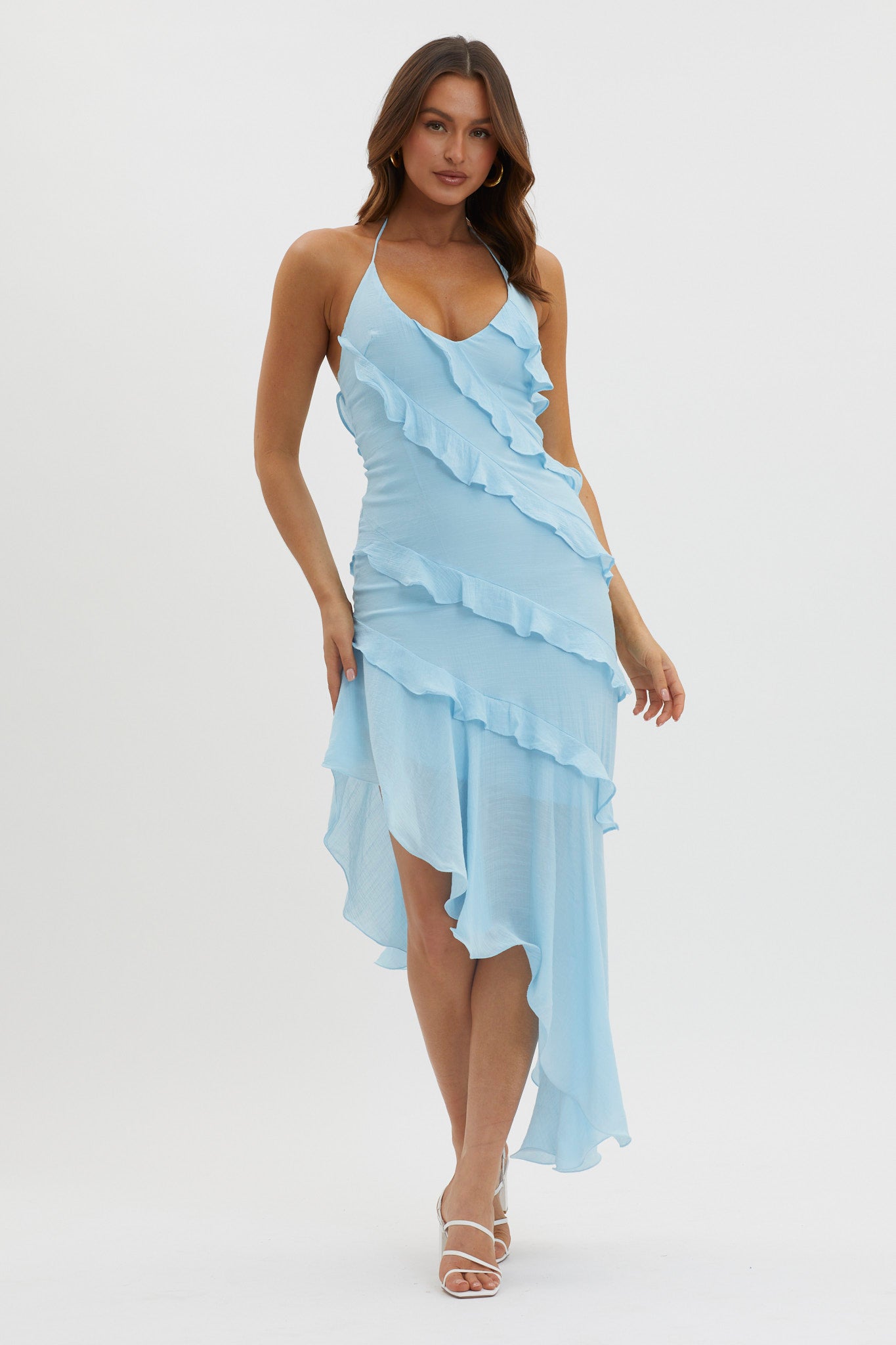 Arrabel Tiered Ruffle Asymmetric Midi Dress Blue-Fable Dress