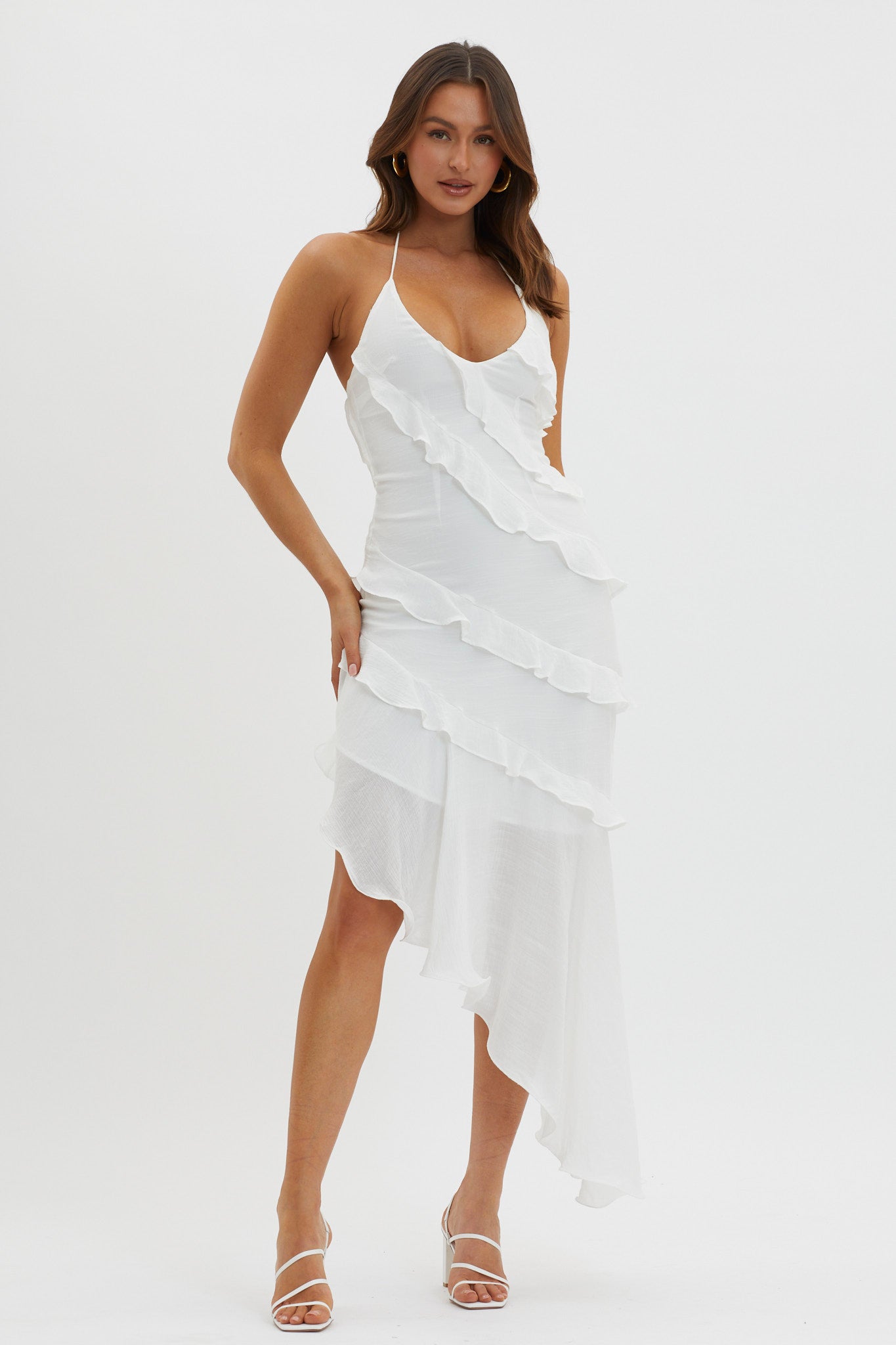 Arrabel Tiered Ruffle Asymmetric Midi Dress White-Fable Dress