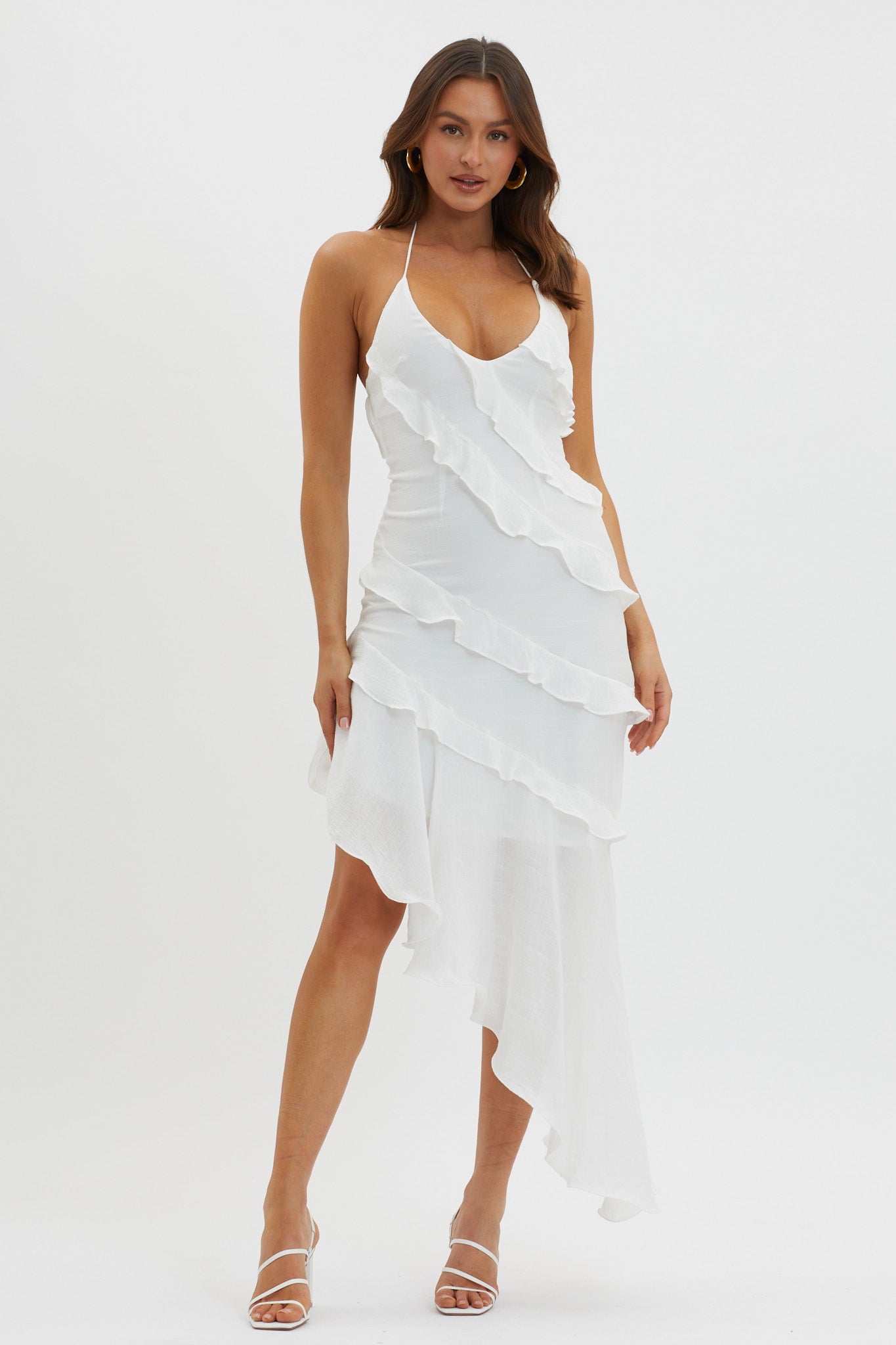 Arrabel Tiered Ruffle Asymmetric Midi Dress White-Fable Dress