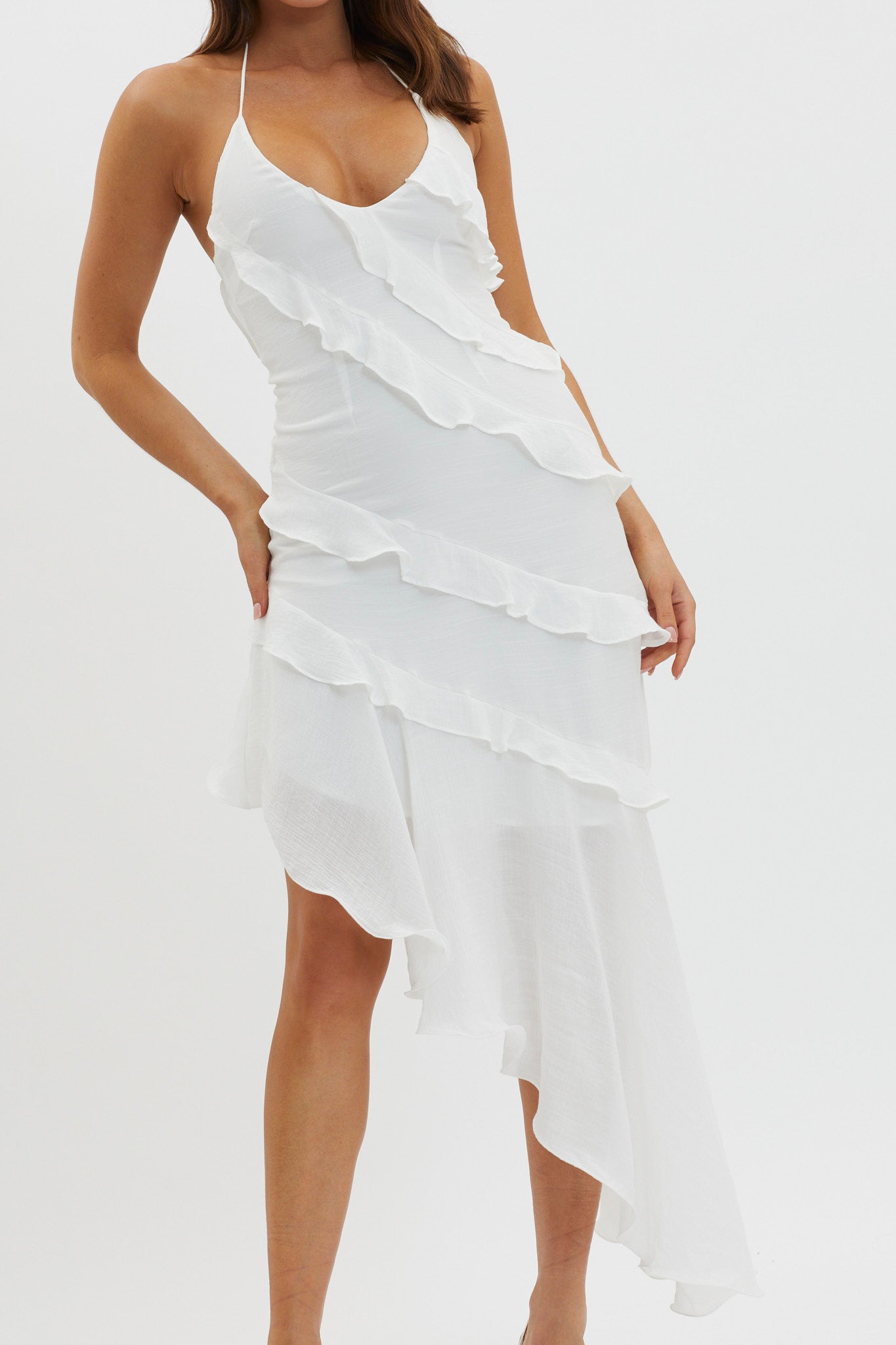 Arrabel Tiered Ruffle Asymmetric Midi Dress White-Fable Dress