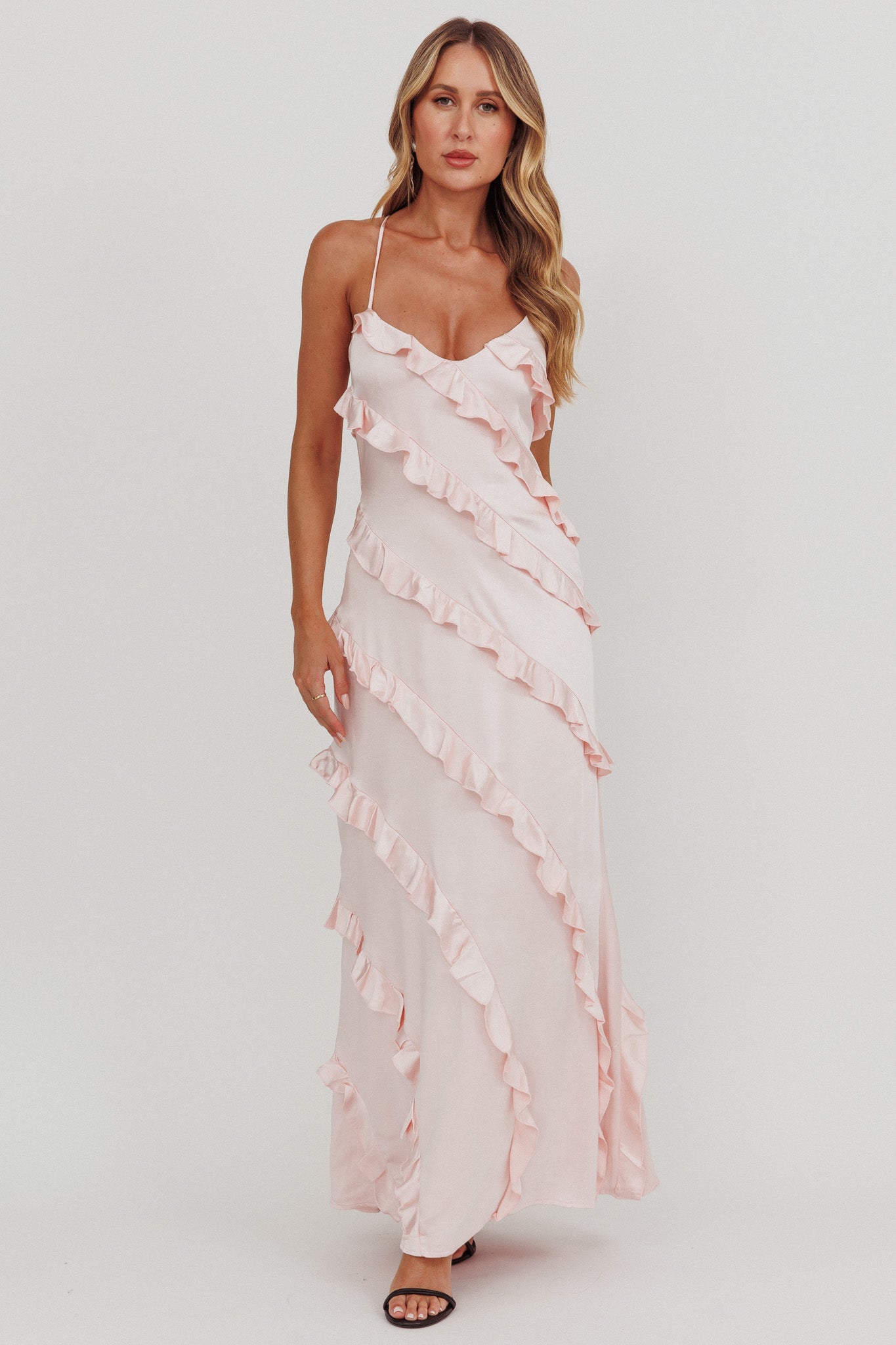 Arrabel Ruffle Trim Maxi Dress Blush-Fable Dress