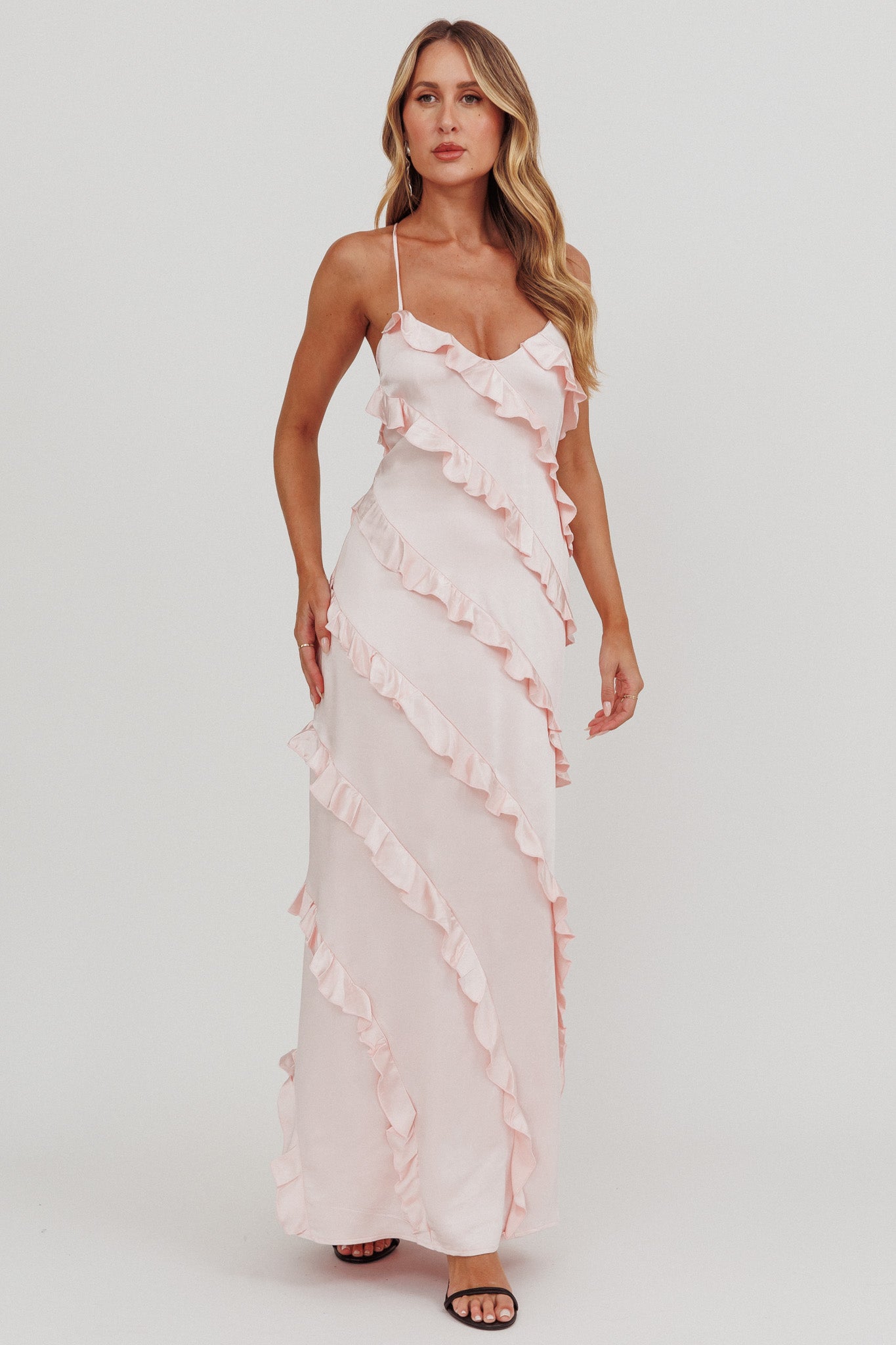 Arrabel Ruffle Trim Maxi Dress Blush-Fable Dress