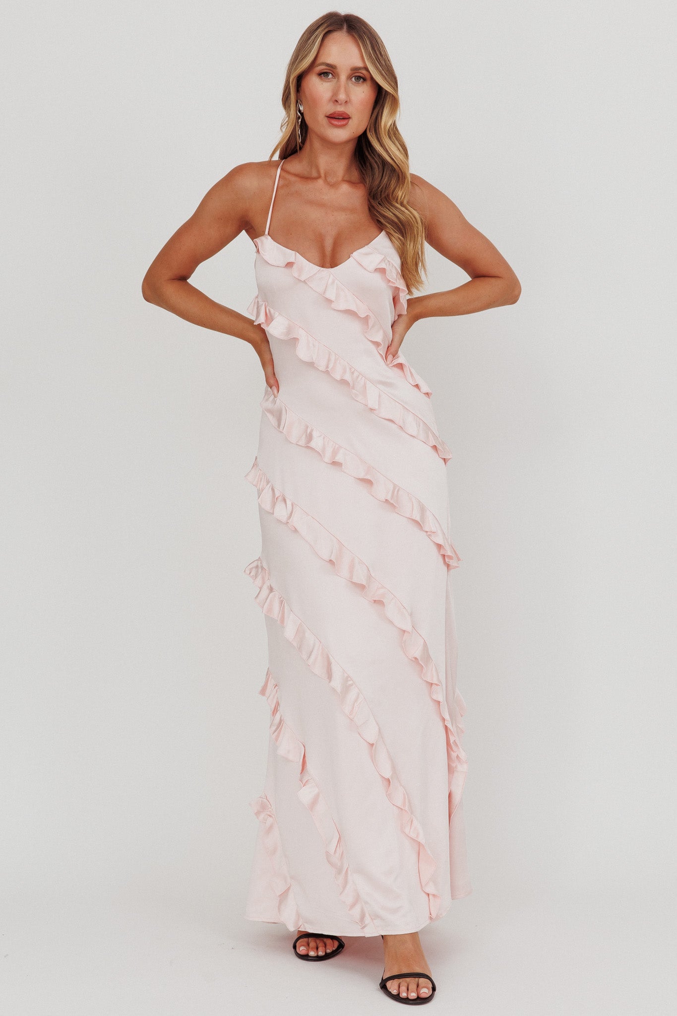 Arrabel Ruffle Trim Maxi Dress Blush-Fable Dress