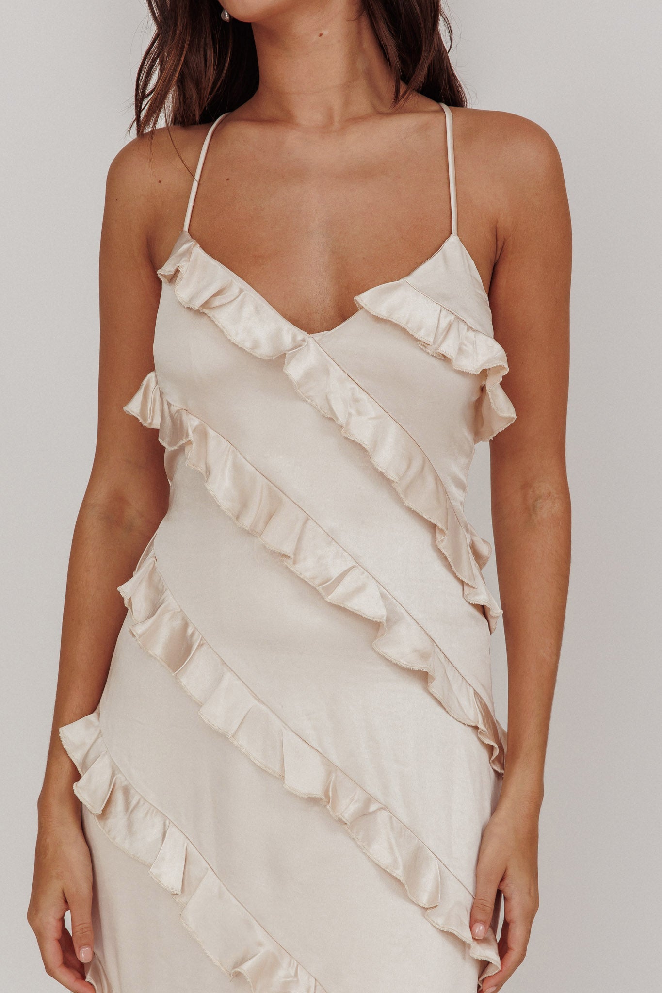 Arrabel Ruffle Trim Maxi Dress Champagne-Fable Dress