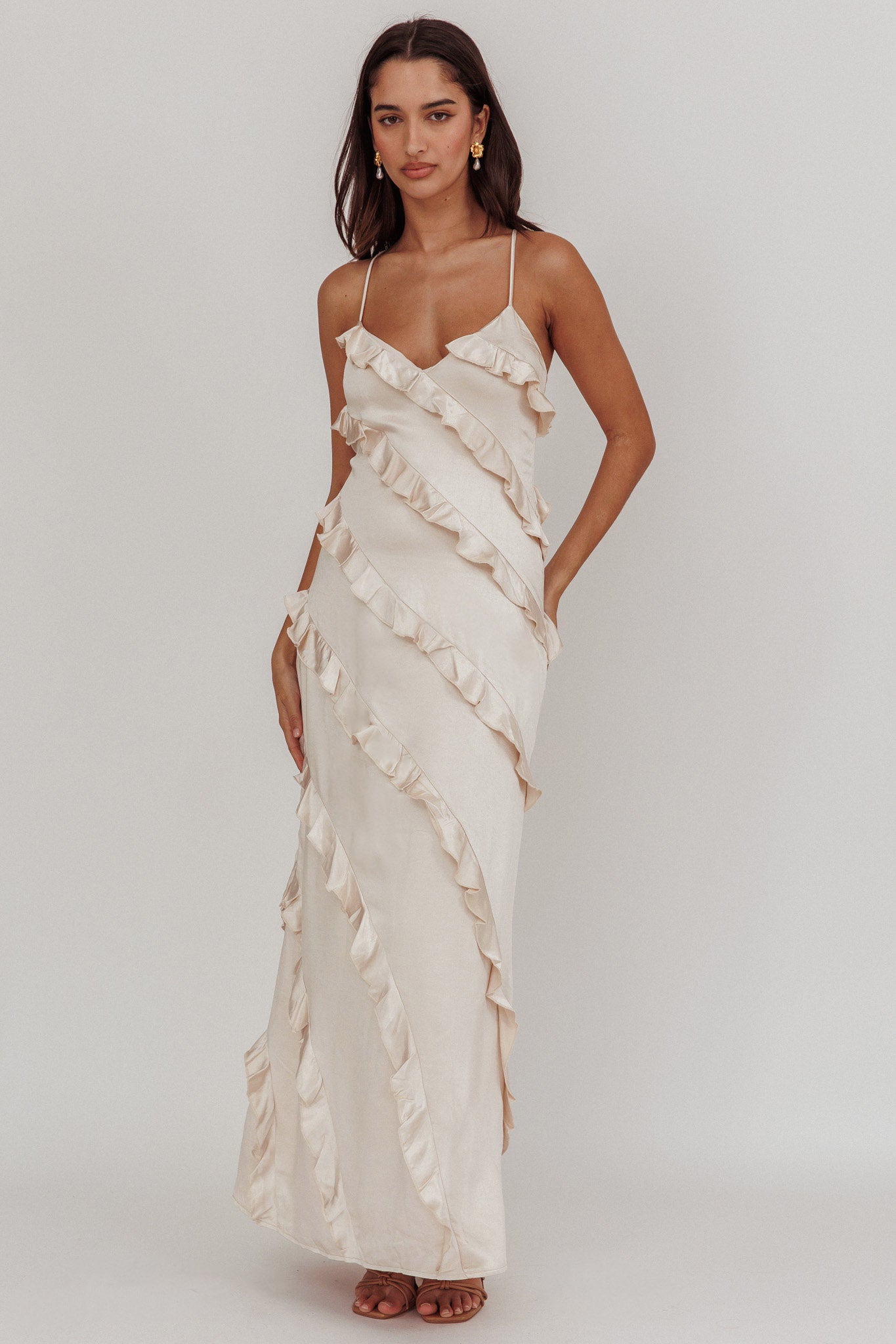 Arrabel Ruffle Trim Maxi Dress Champagne-Fable Dress