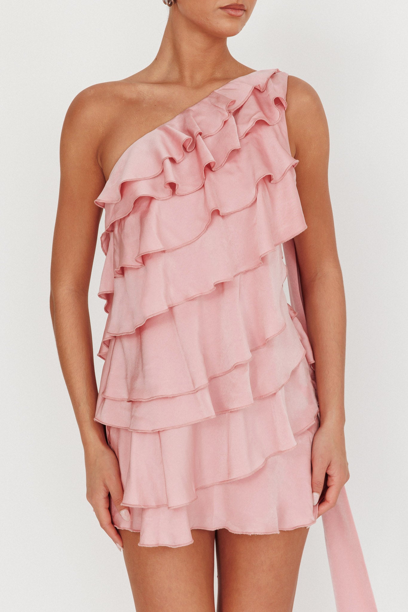 Arrabel Tiered Ruffle One Shoulder Mini Dress Pink-Fable Dress