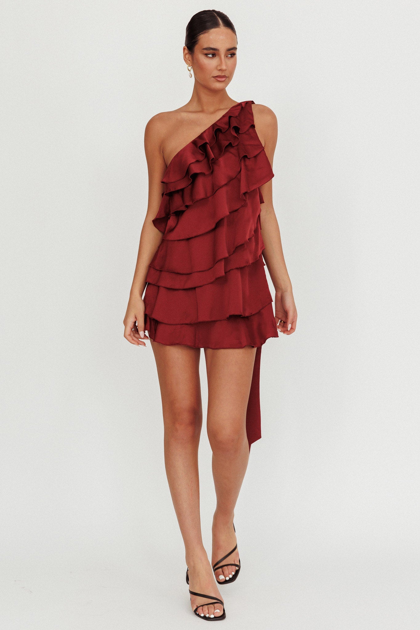Arrabel Tiered Ruffle One Shoulder Mini Dress Wine-Fable Dress