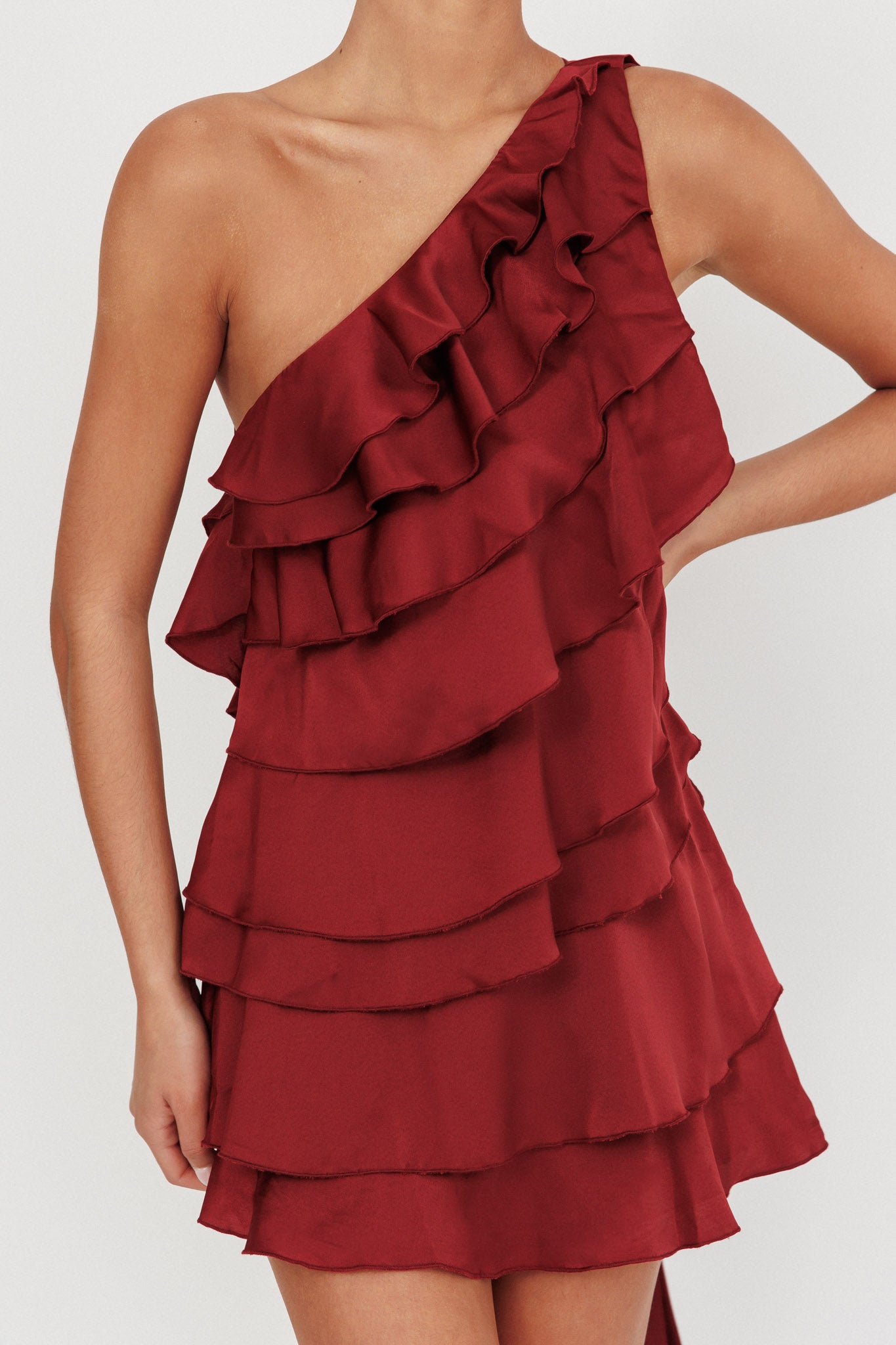 Arrabel Tiered Ruffle One Shoulder Mini Dress Wine-Fable Dress