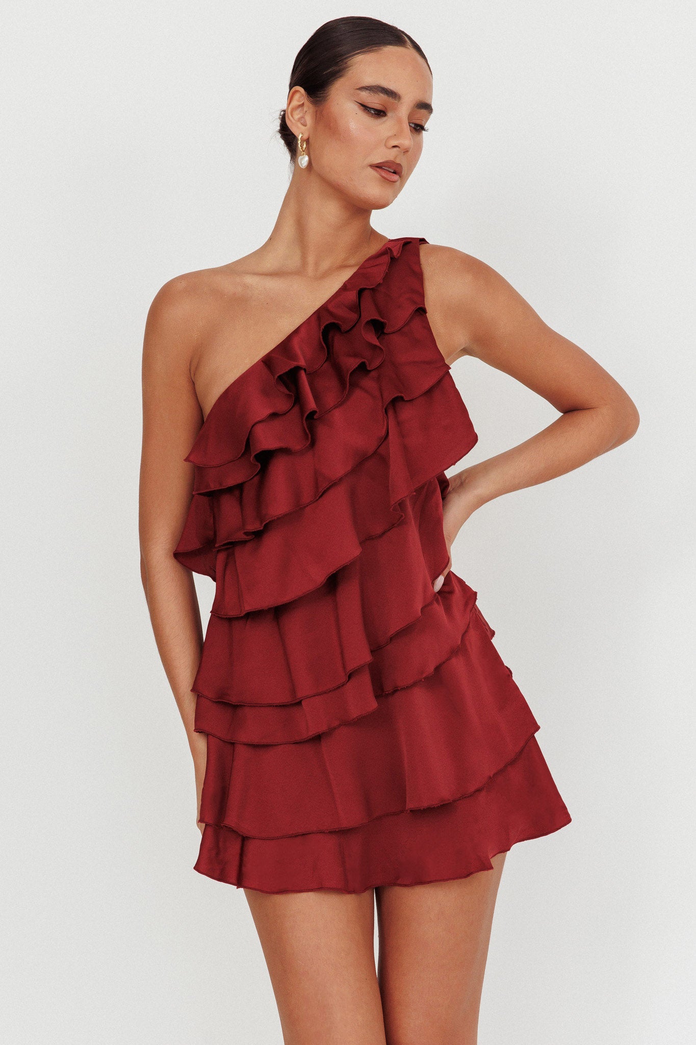 Arrabel Tiered Ruffle One Shoulder Mini Dress Wine-Fable Dress