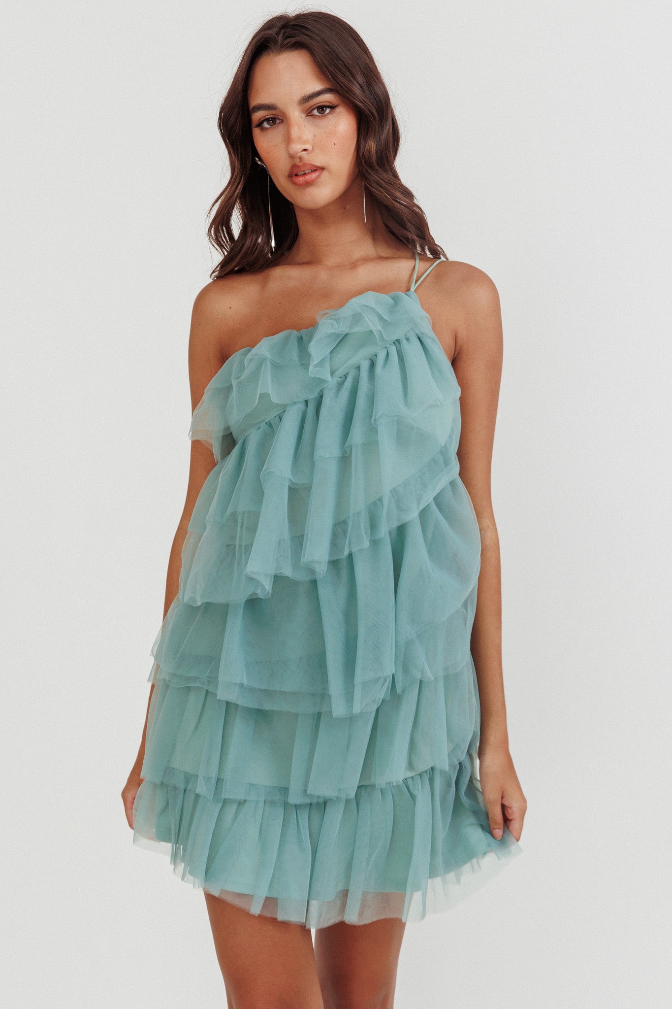Arrabel Tiered Ruffle Mesh Mini Dress Sage-Fable Dress