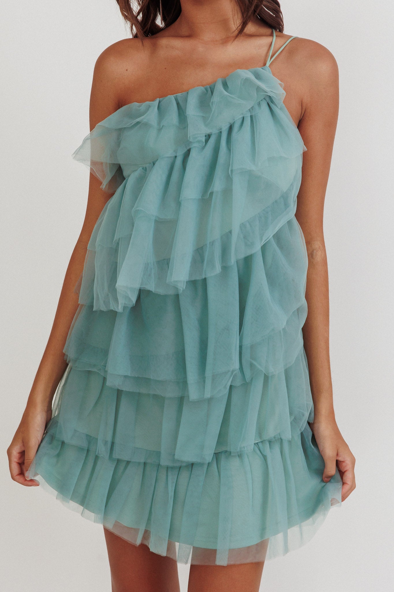 Arrabel Tiered Ruffle Mesh Mini Dress Sage-Fable Dress
