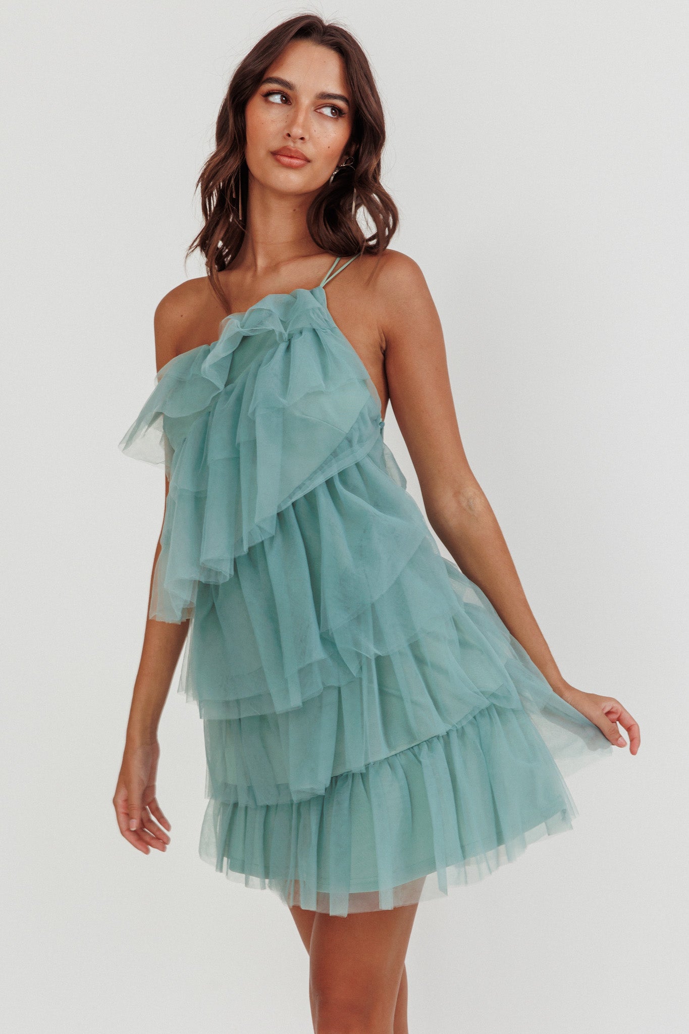 Arrabel Tiered Ruffle Mesh Mini Dress Sage-Fable Dress