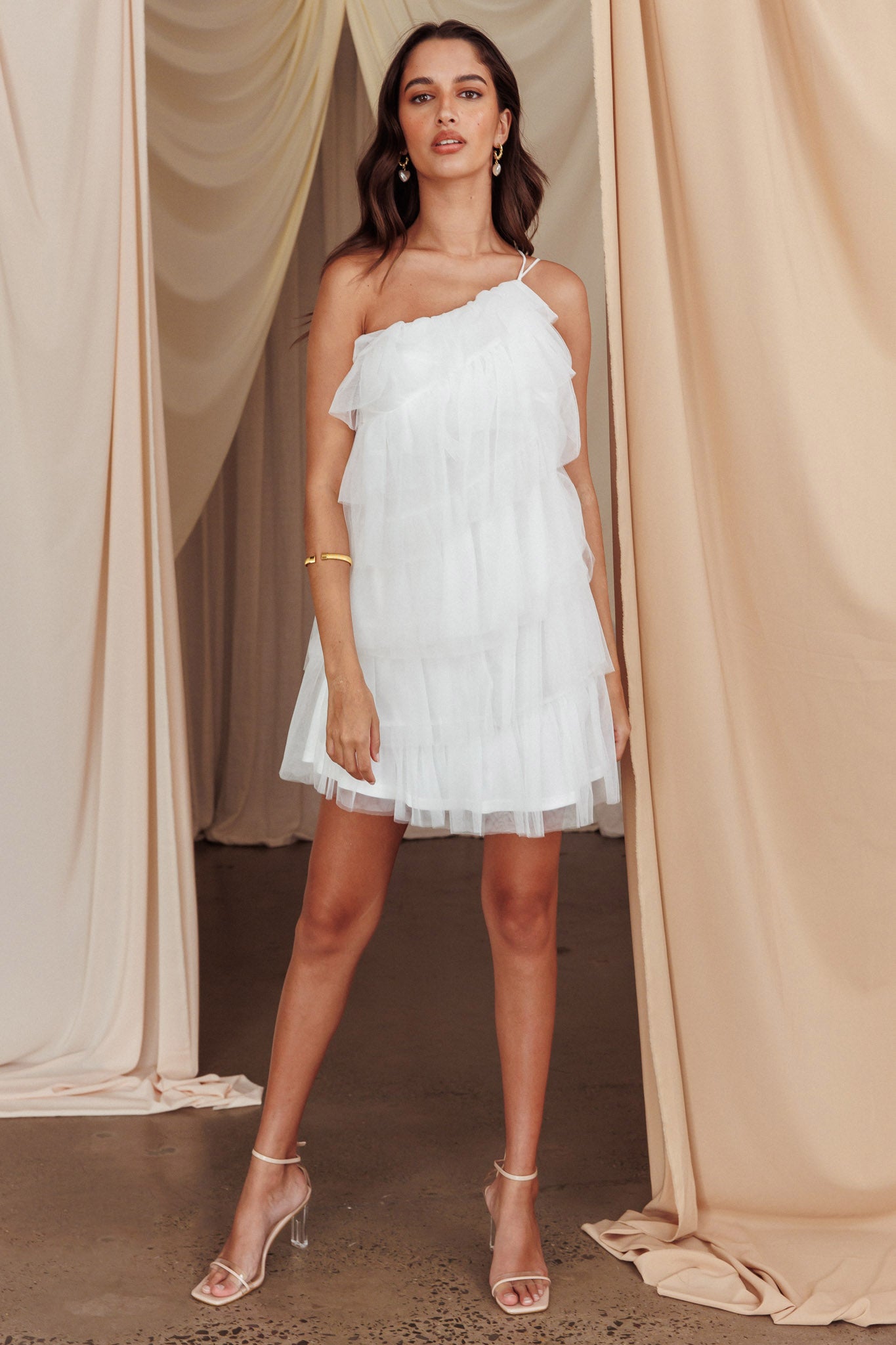 Arrabel Tiered Ruffle Mesh Mini Dress White-Fable Dress