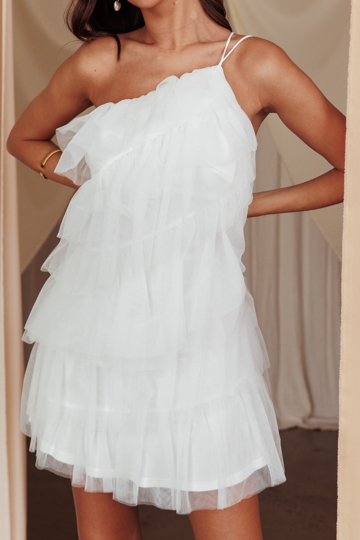 Arrabel Tiered Ruffle Mesh Mini Dress White-Fable Dress